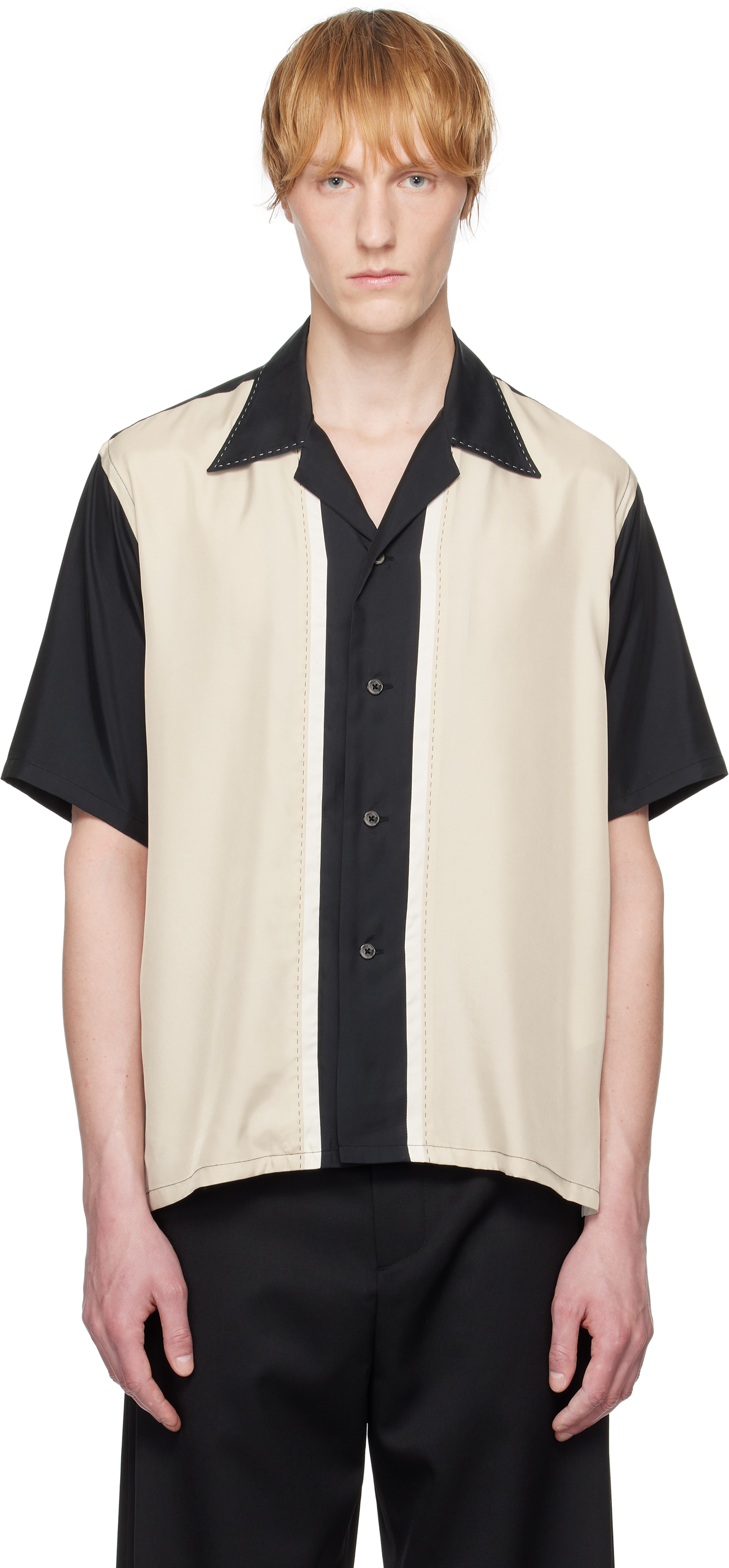 Black & Beige Colorblock Open Collar Shirt