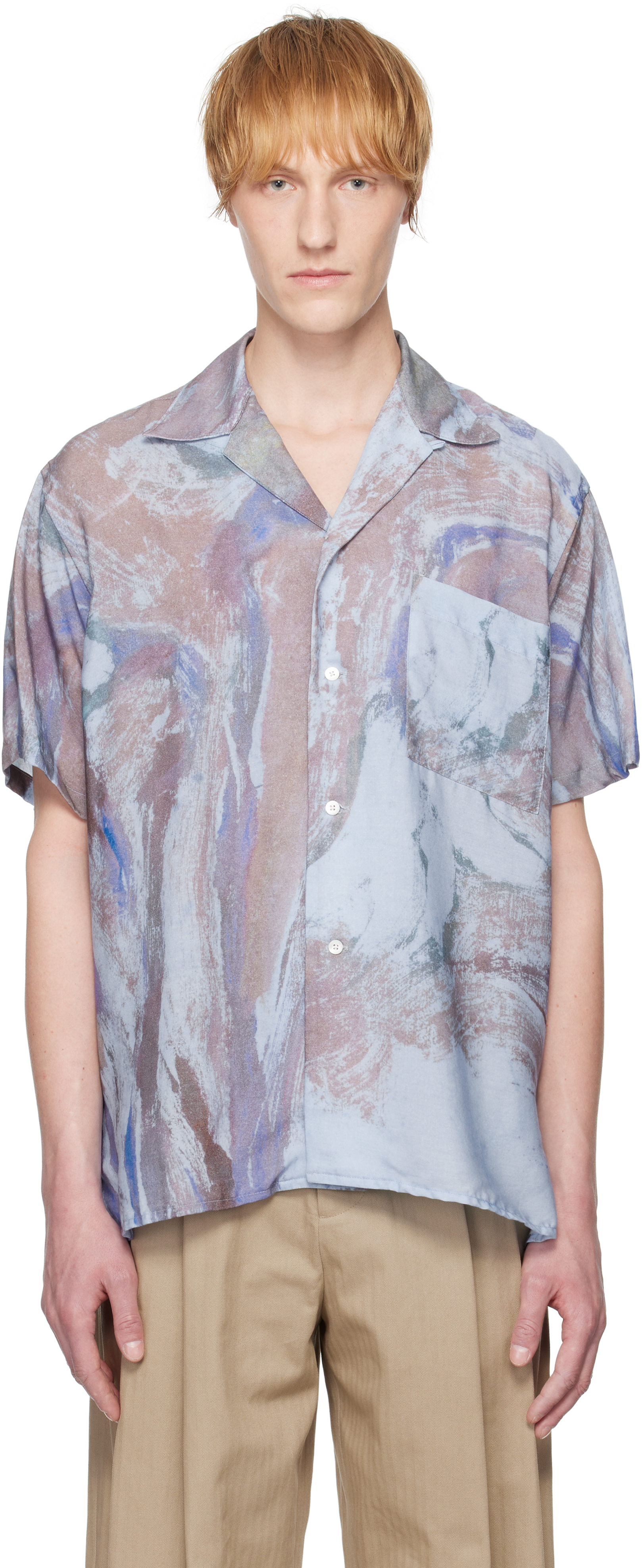 Blue Flower Printed Open Collar Shirt