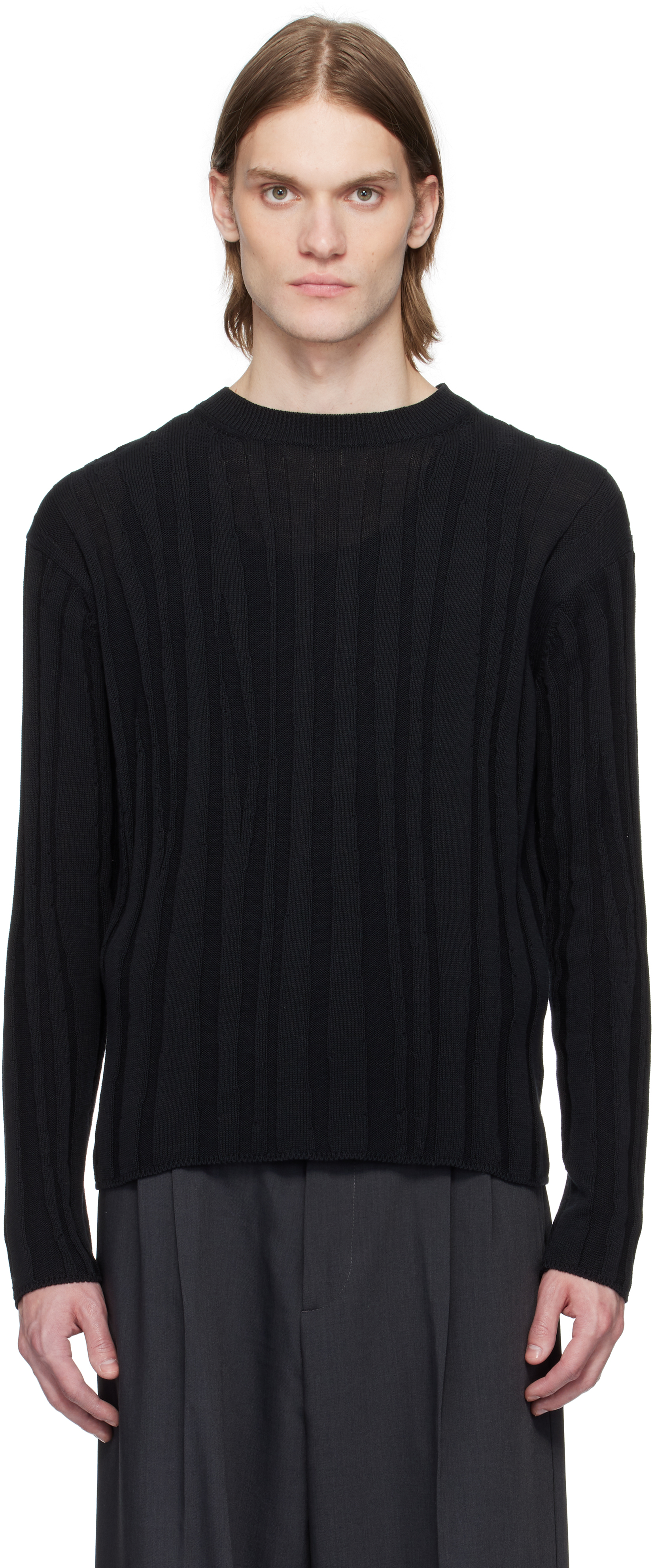 Black Roundum Rib Crewneck Sweater by YOKE on Sale