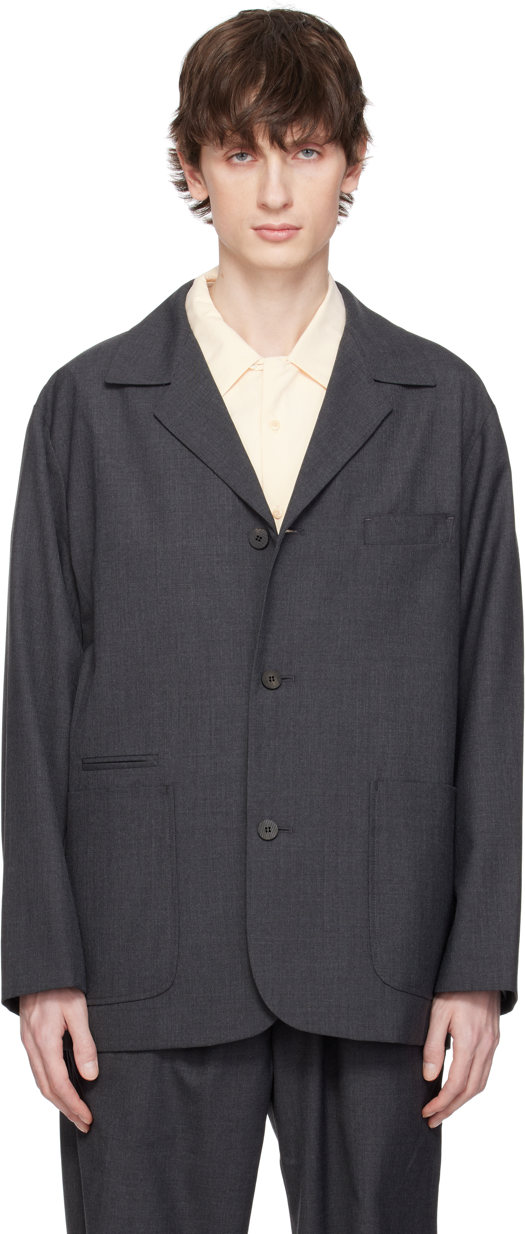 Gray English Wool 3 Button Blazer by DOCUMENT on Sale