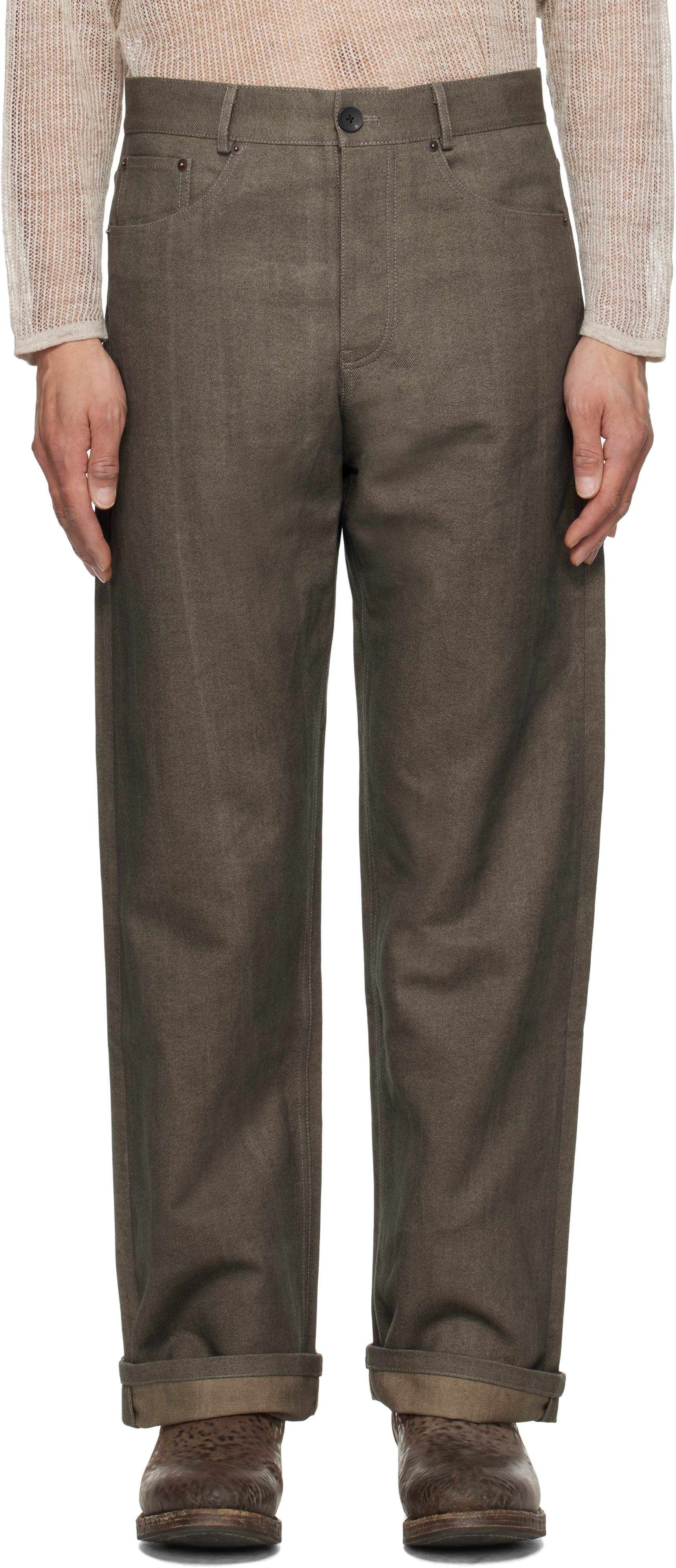 Aviva Jifei Xue Khaki Uneven Ink 5 Pocket Jeans In Uneven Ink