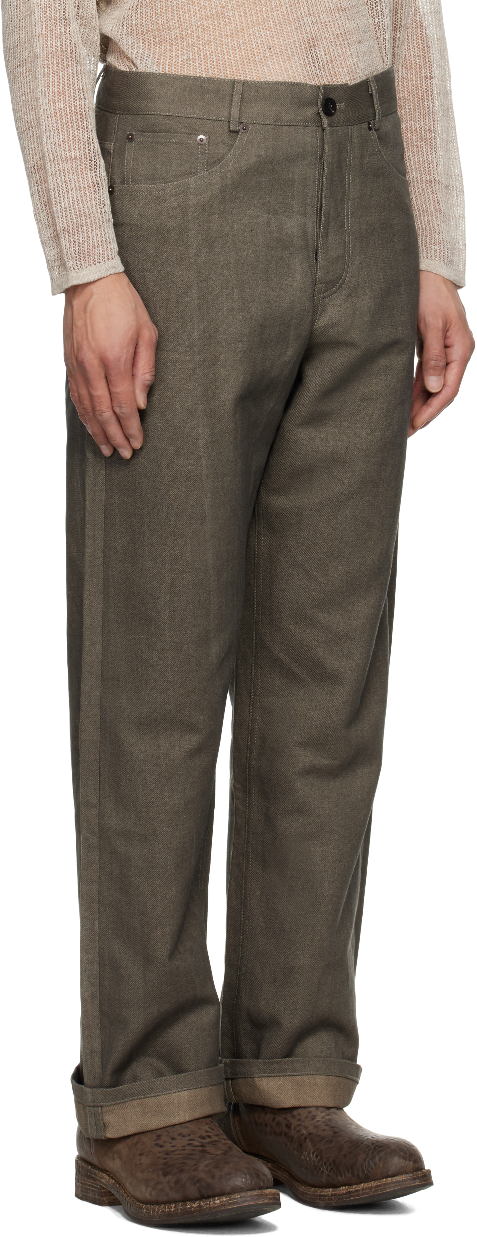 Aviva Jifei Xue Khaki Uneven Ink 5 Pocket Jeans In Uneven Ink