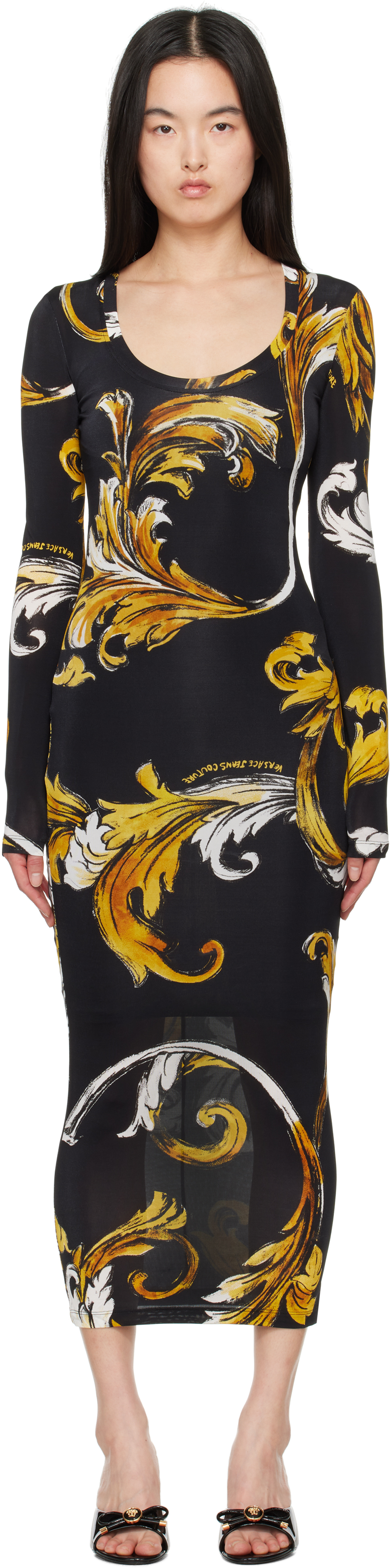 Black & Yellow Outline Barocco Midi Dress