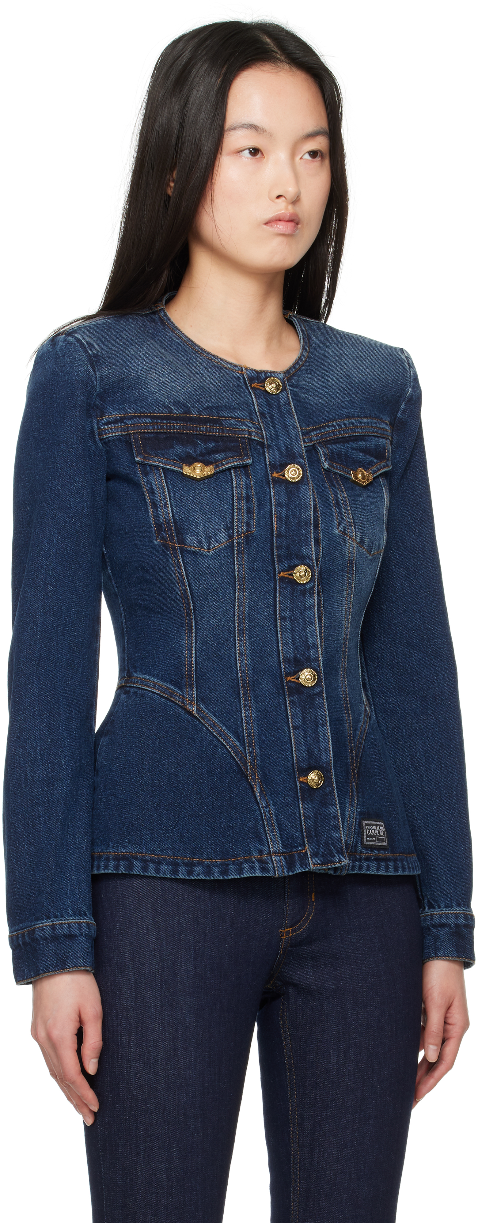 Versace Jeans Couture Indigo Fitted Denim Jacket In E904 Indigo