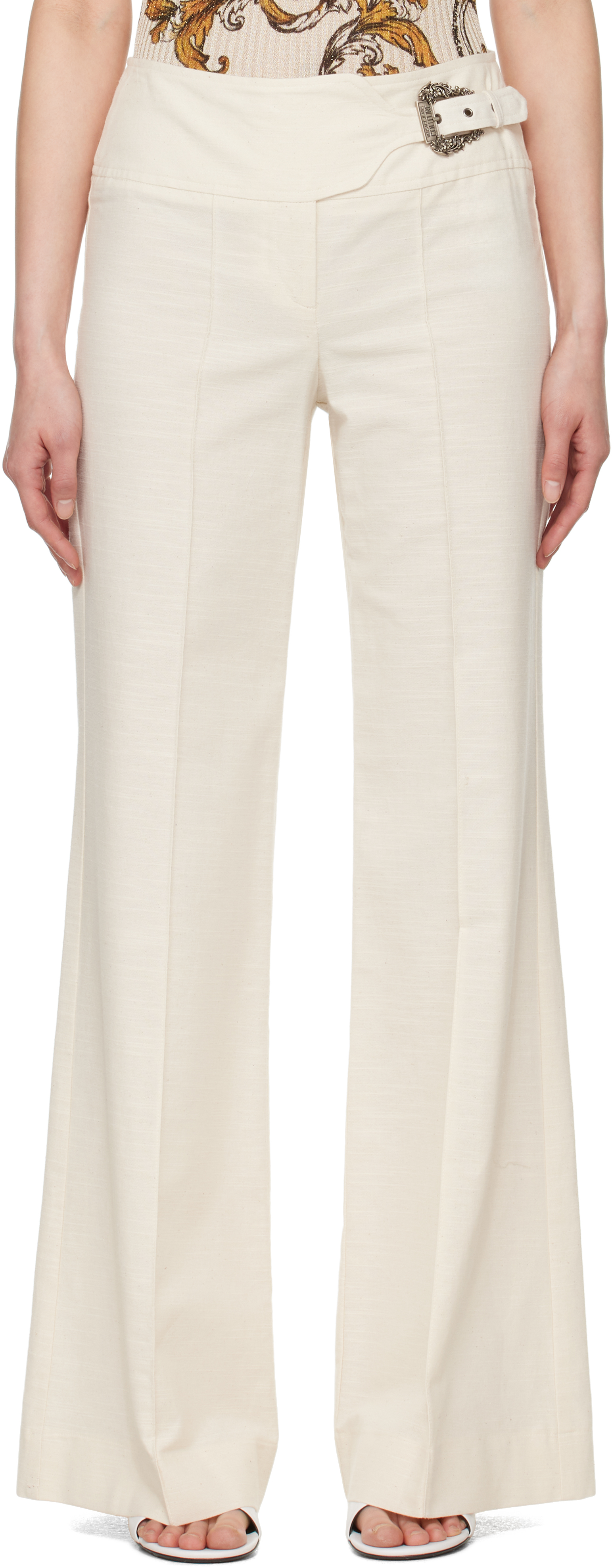 Versace Jeans Couture Off-white Baroque Buckle Trousers In E021 Cloud Dancer
