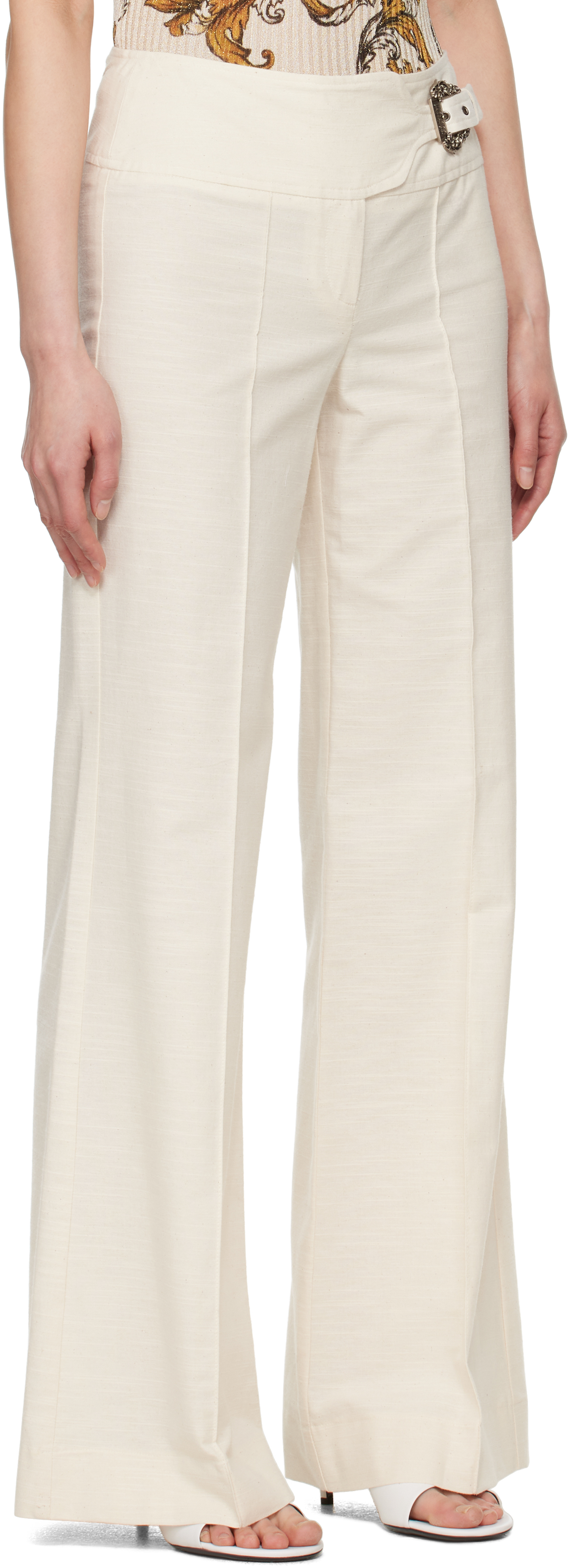 Versace Jeans Couture Off-white Baroque Buckle Trousers In E021 Cloud Dancer