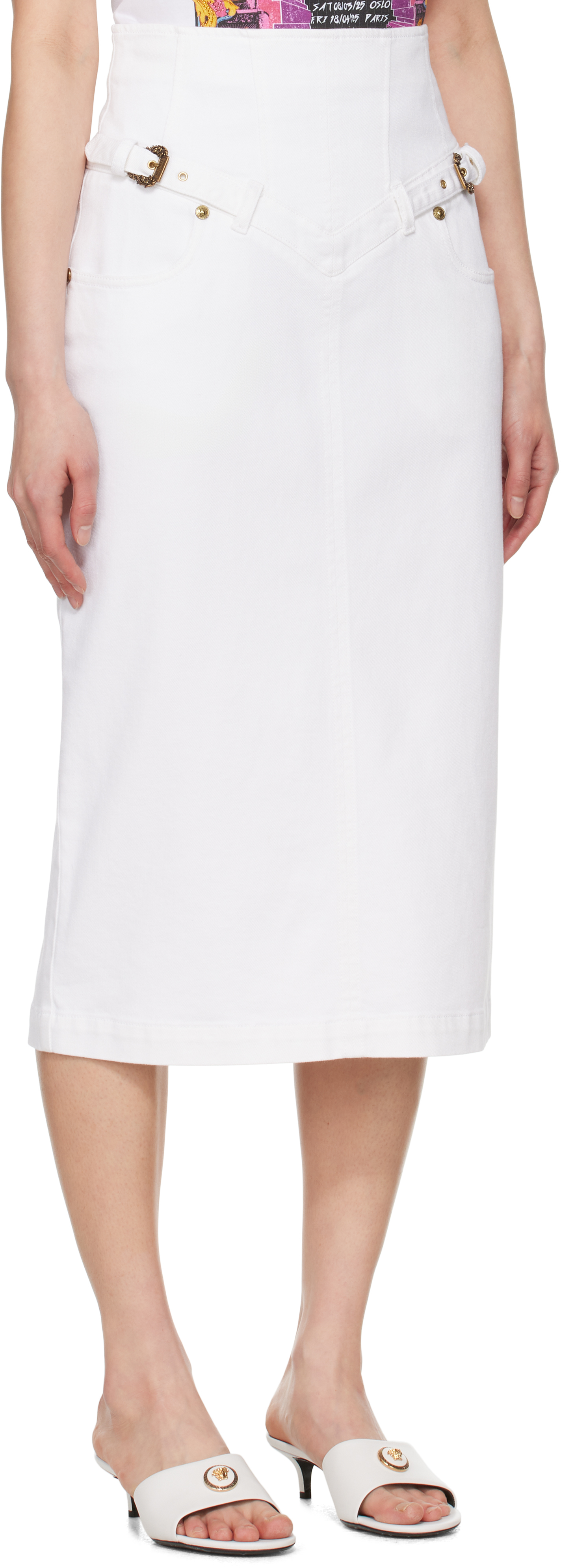 VERSACE JEANS COUTURE WHITE BAROQUE BUCKLE DENIM MIDI SKIRT 