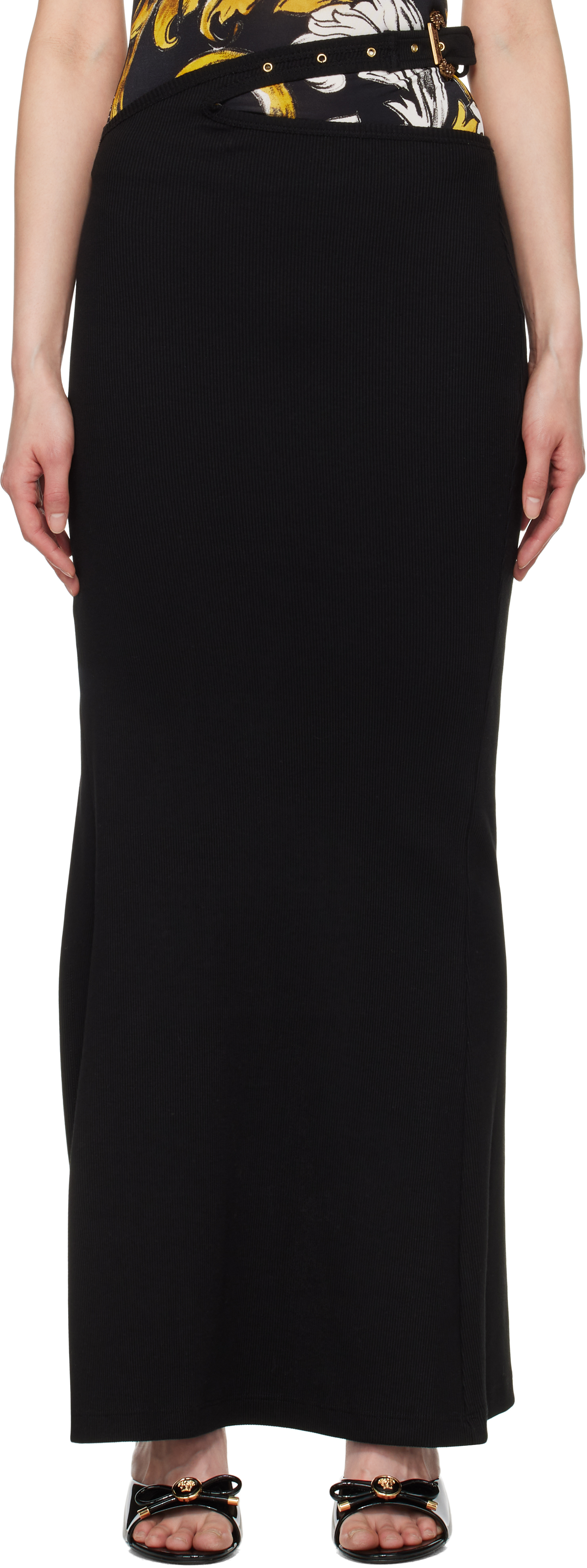 Versace Jeans Couture Black Baroque Buckle Ribbed Maxi Skirt In E899 Black