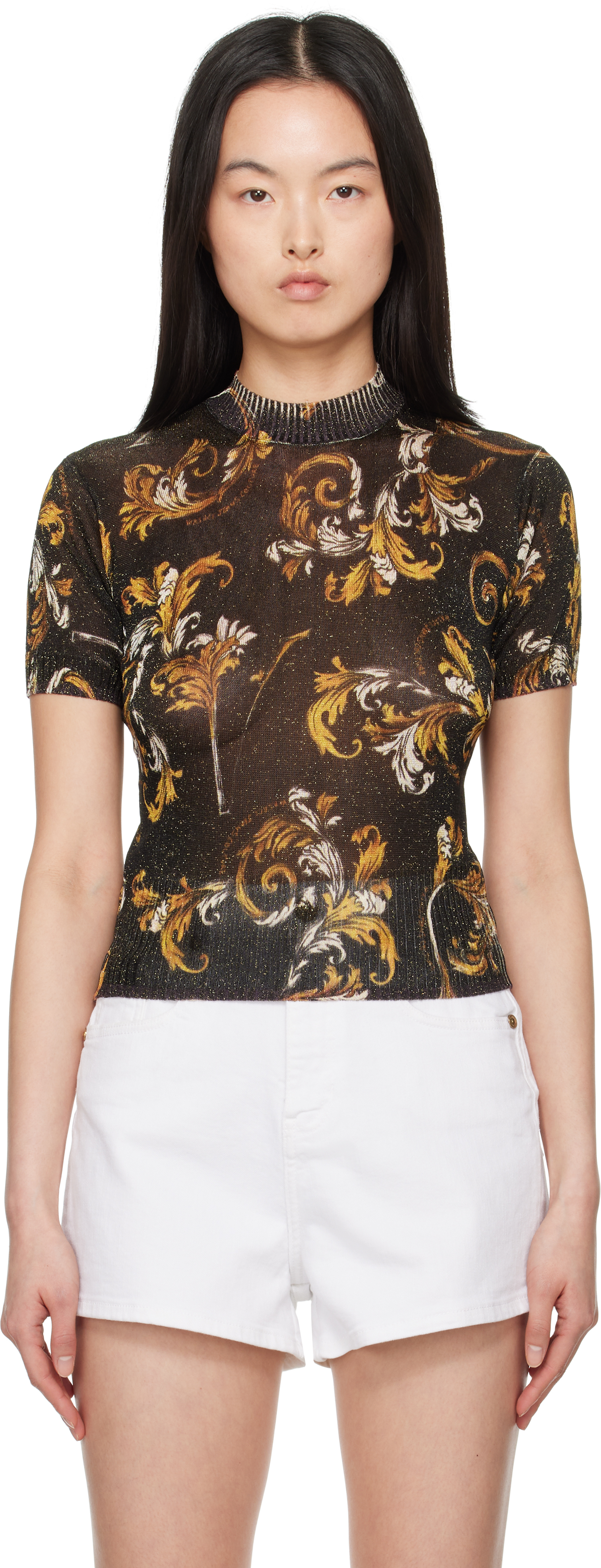 Versace Jeans Couture Black Outline Barocco Lurex Sweater In Eg89 Black/gold