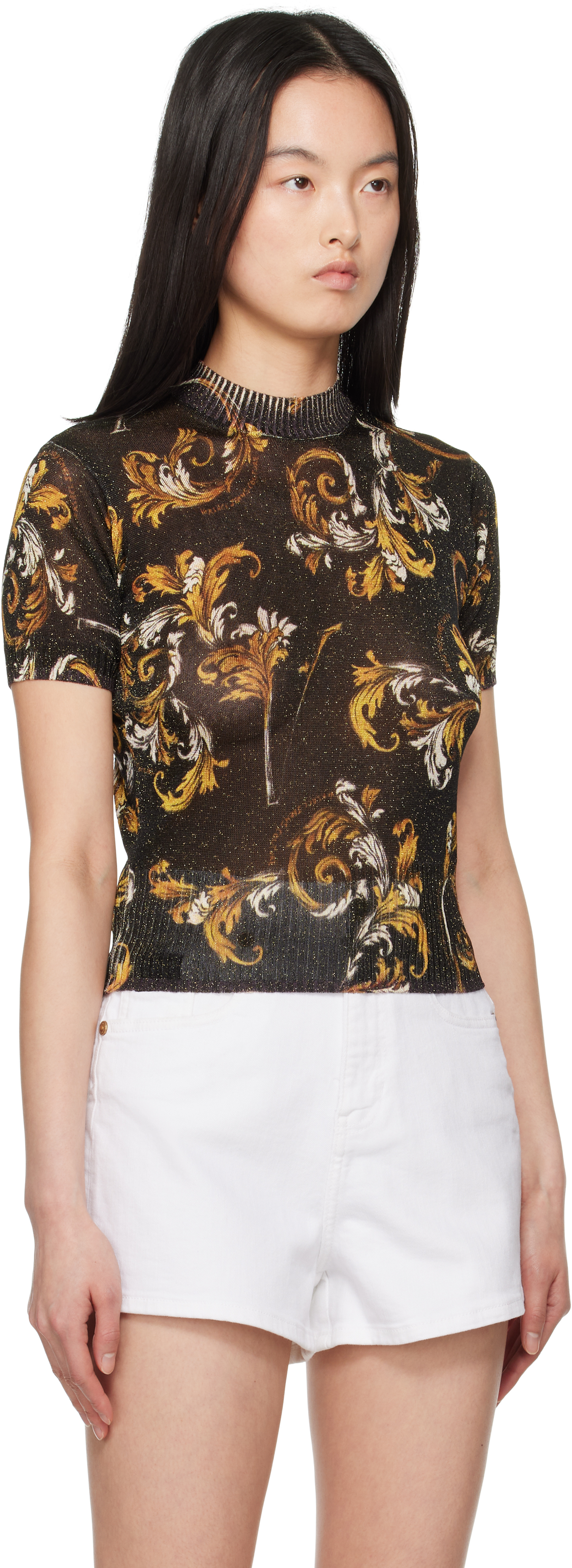 Versace Jeans Couture Black Outline Barocco Lurex Sweater In Eg89 Black/gold