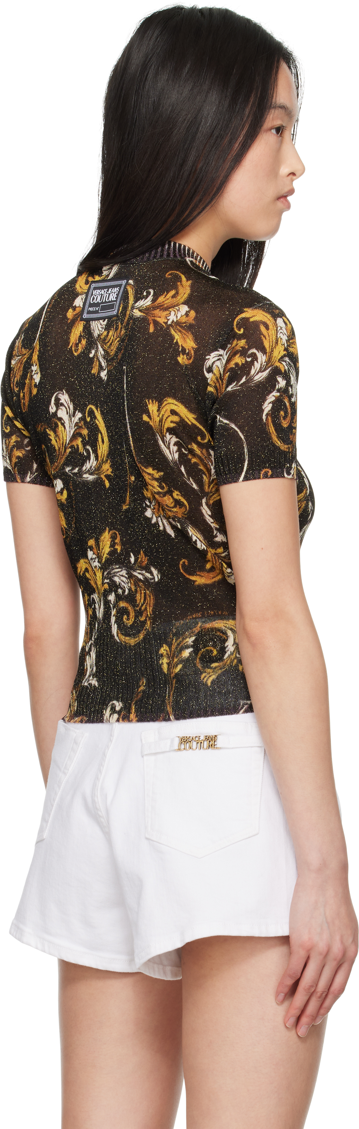 Versace Jeans Couture Black Outline Barocco Lurex Sweater In Eg89 Black/gold