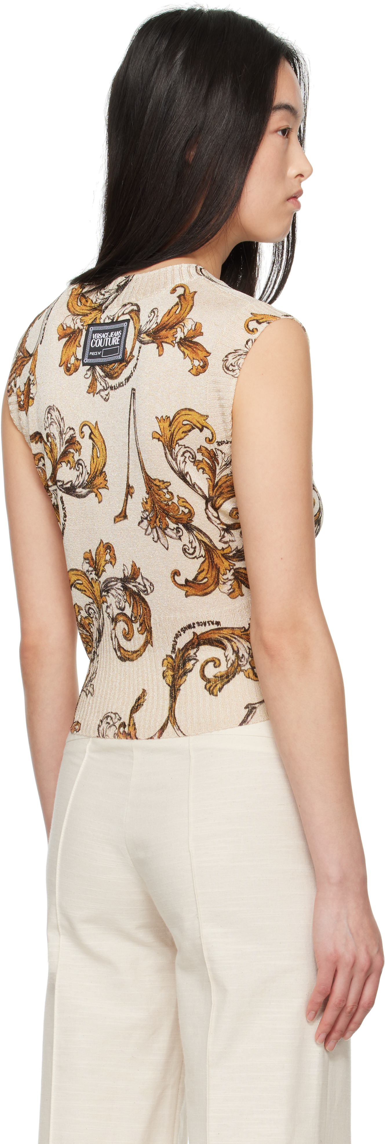 Versace Jeans Couture Beige Outline Barocco Lurex Vest In E003 White