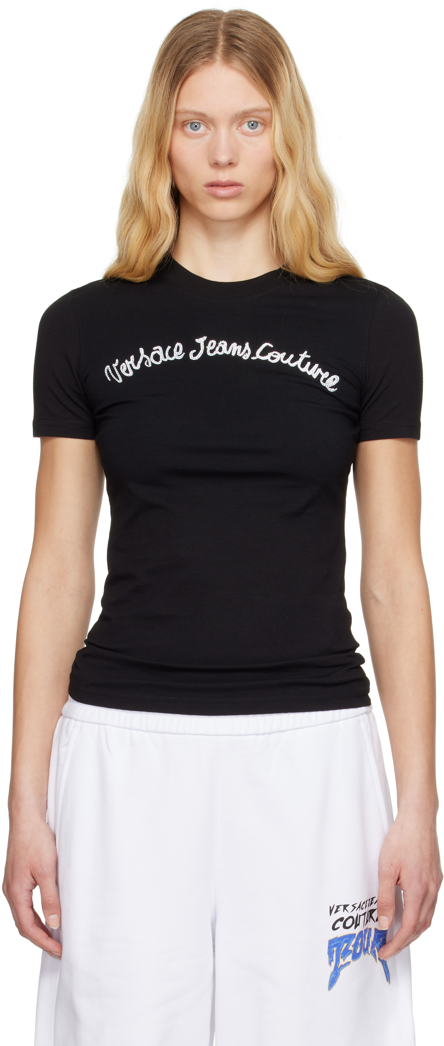 Shop Versace Jeans Couture Black Screen-printed T-shirt In E899 Black