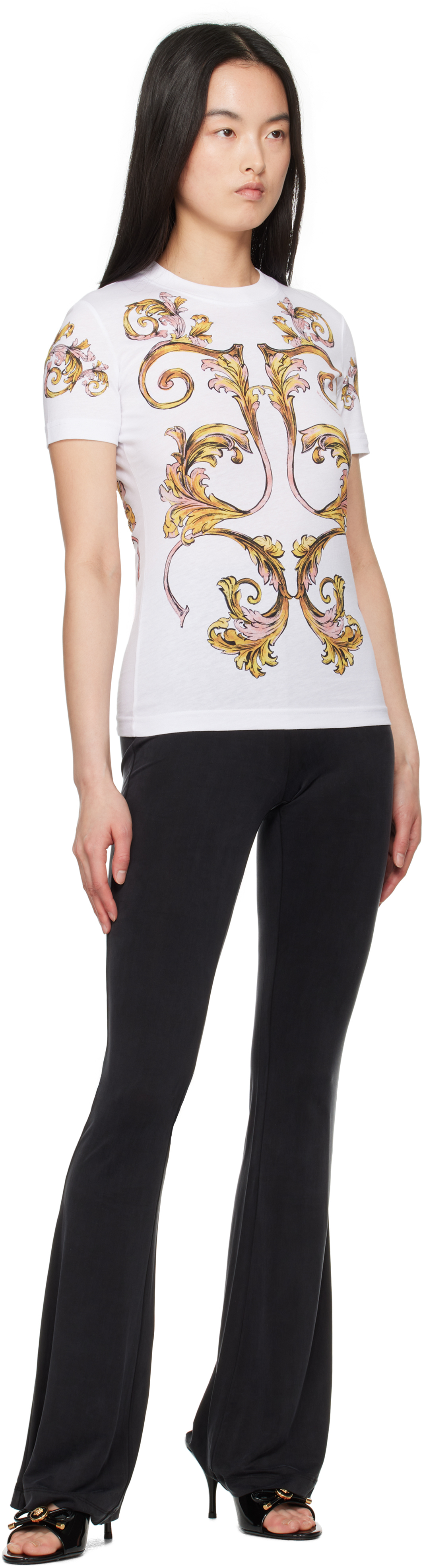 Shop Versace Jeans Couture White Outline Barocco T-shirt In Eg03 White/gold