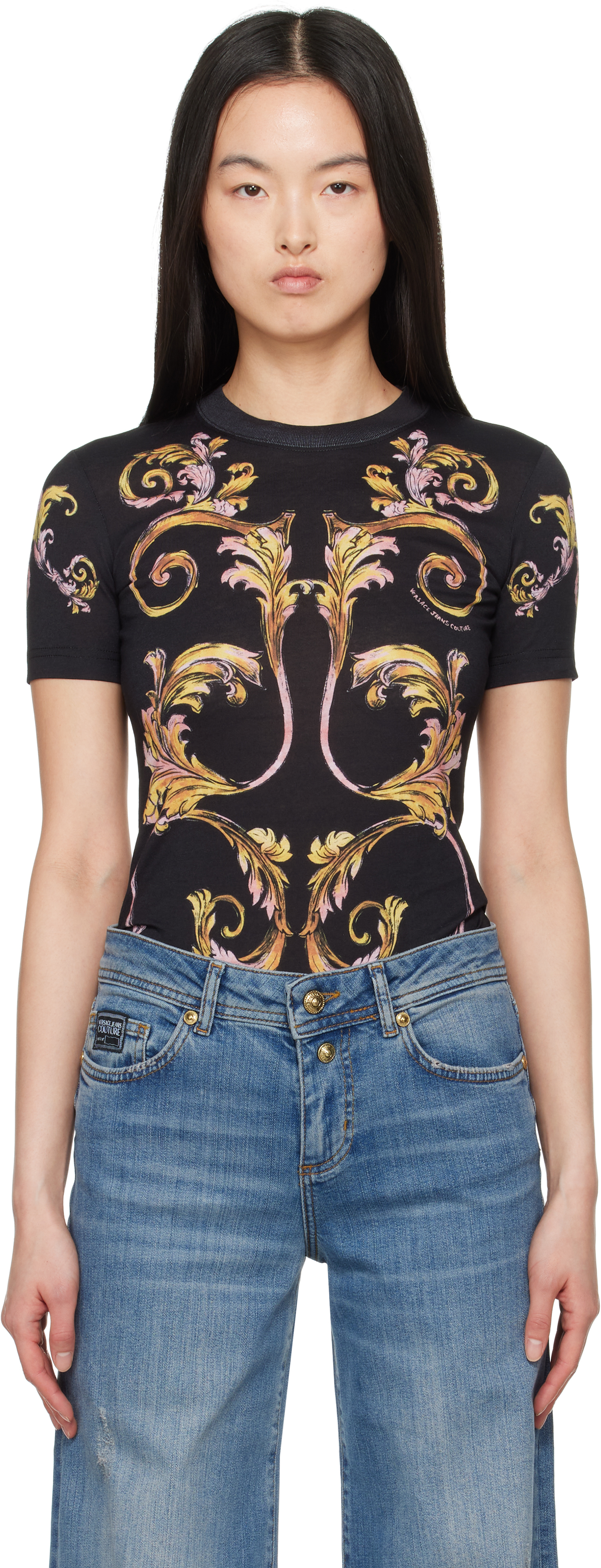 Black Outline Barocco T-shirt by Versace Jeans Couture on Sale