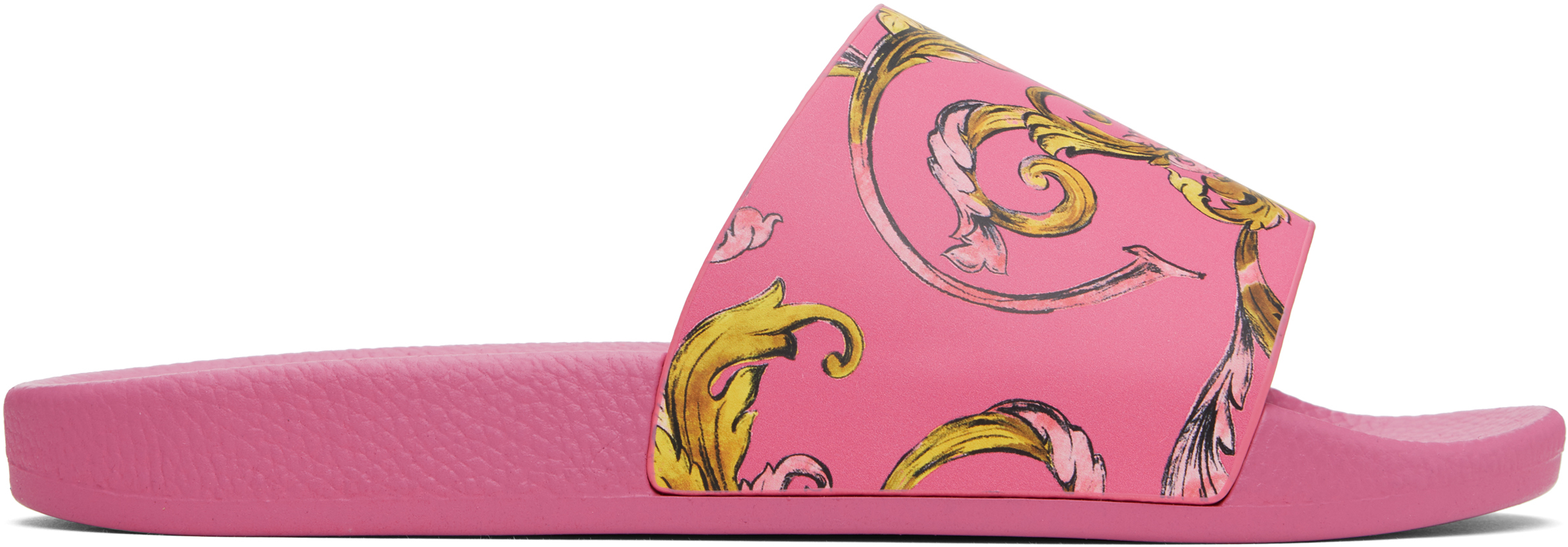 Shop Versace Jeans Couture Pink Outline Barocco Pool Slides In Er54 Flamingo/gold