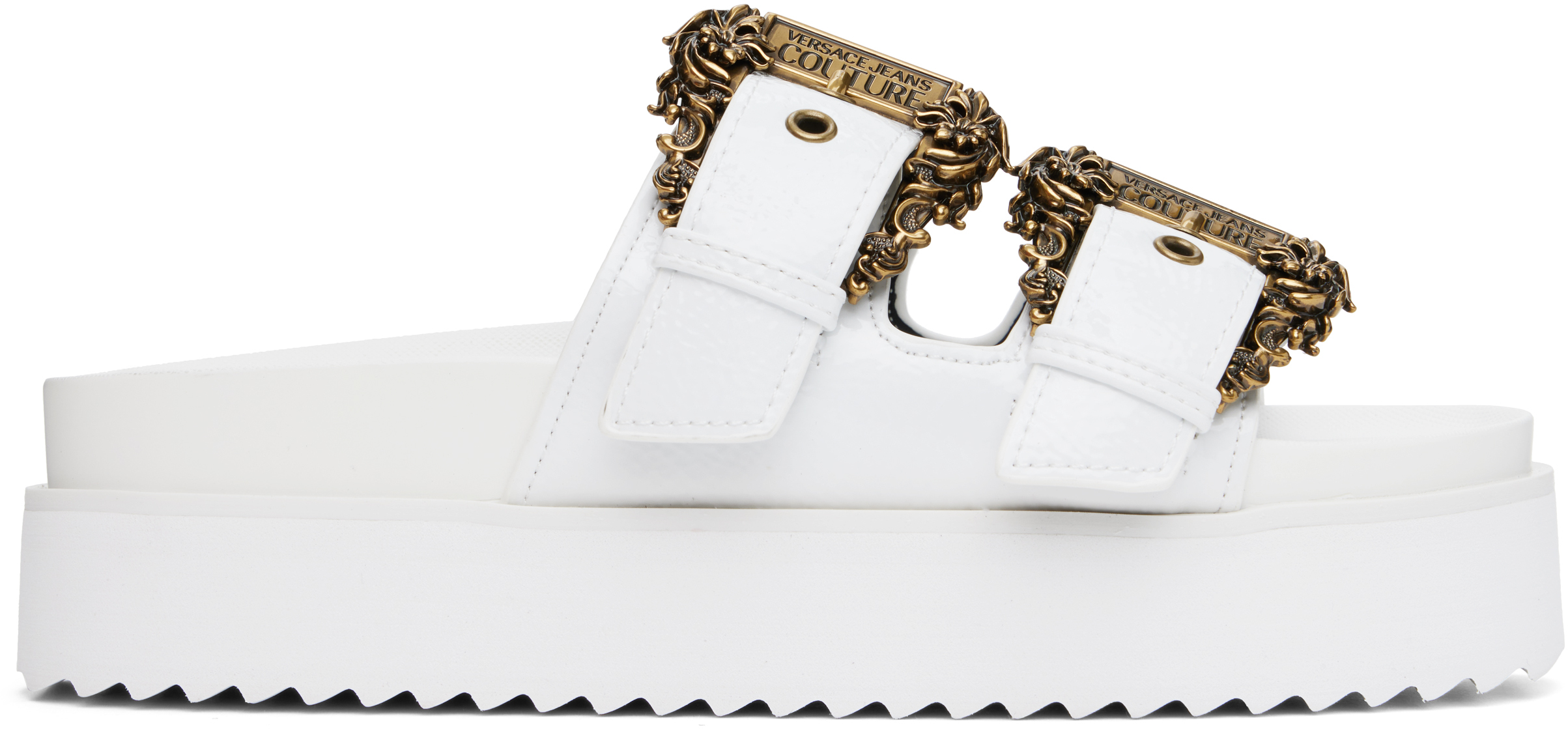 VERSACE JEANS COUTURE WHITE BAROQUE BUCKLE ARIZONA FLAT SANDALS