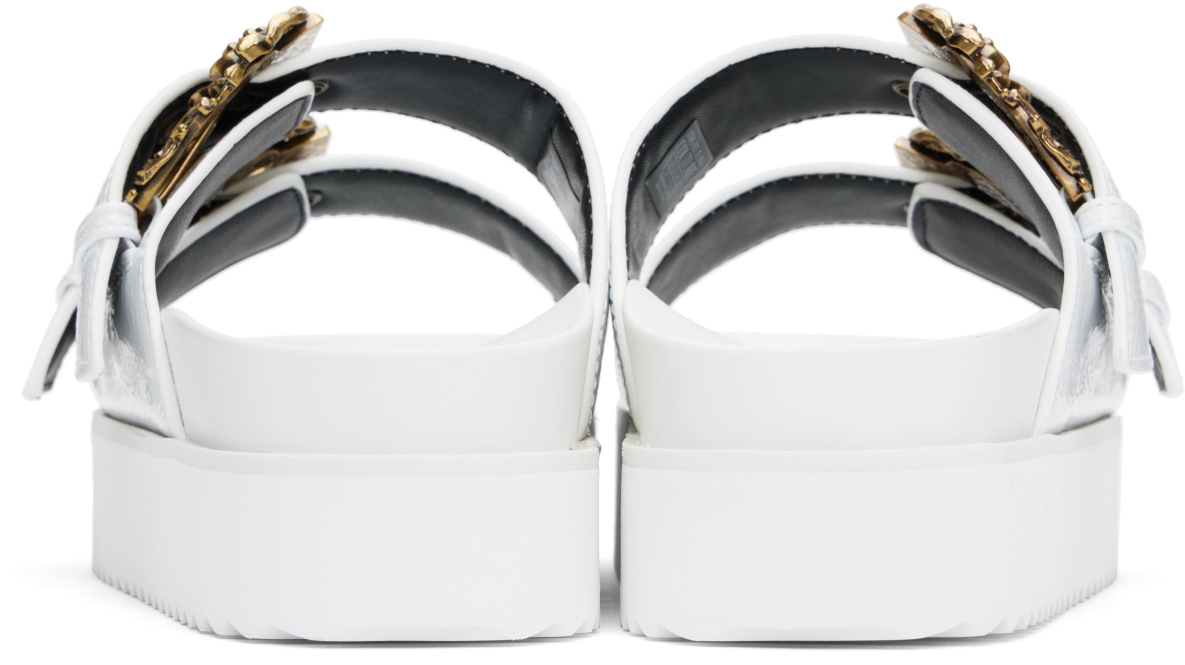 VERSACE JEANS COUTURE WHITE BAROQUE BUCKLE ARIZONA FLAT SANDALS
