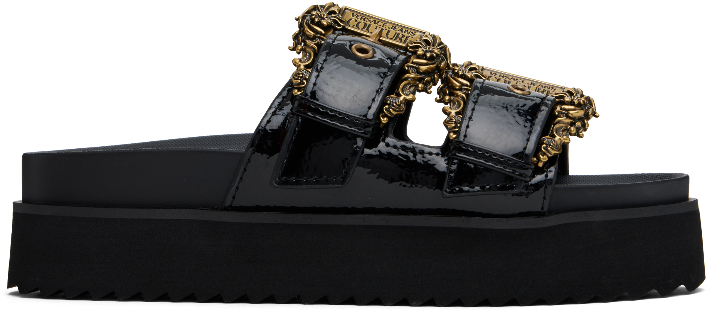 VERSACE JEANS COUTURE BLACK BAROQUE BUCKLE ARIZONA FLAT SANDALS