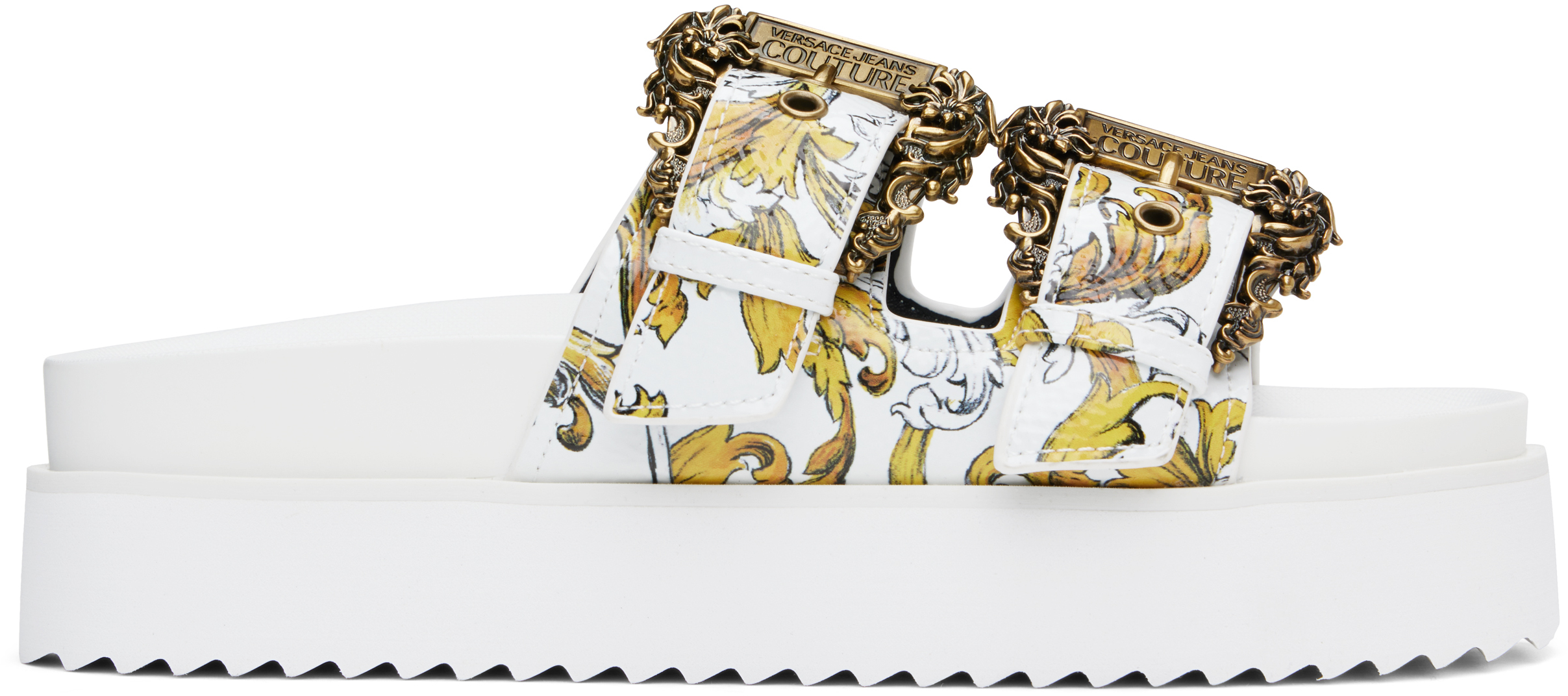 Shop Versace Jeans Couture White & Gold Outline Barocco Arizona Sandals In Eg03 White/gold