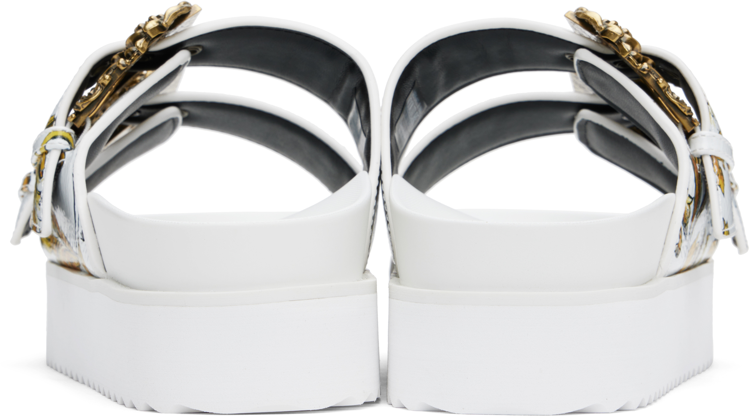 Shop Versace Jeans Couture White & Gold Outline Barocco Arizona Sandals In Eg03 White/gold
