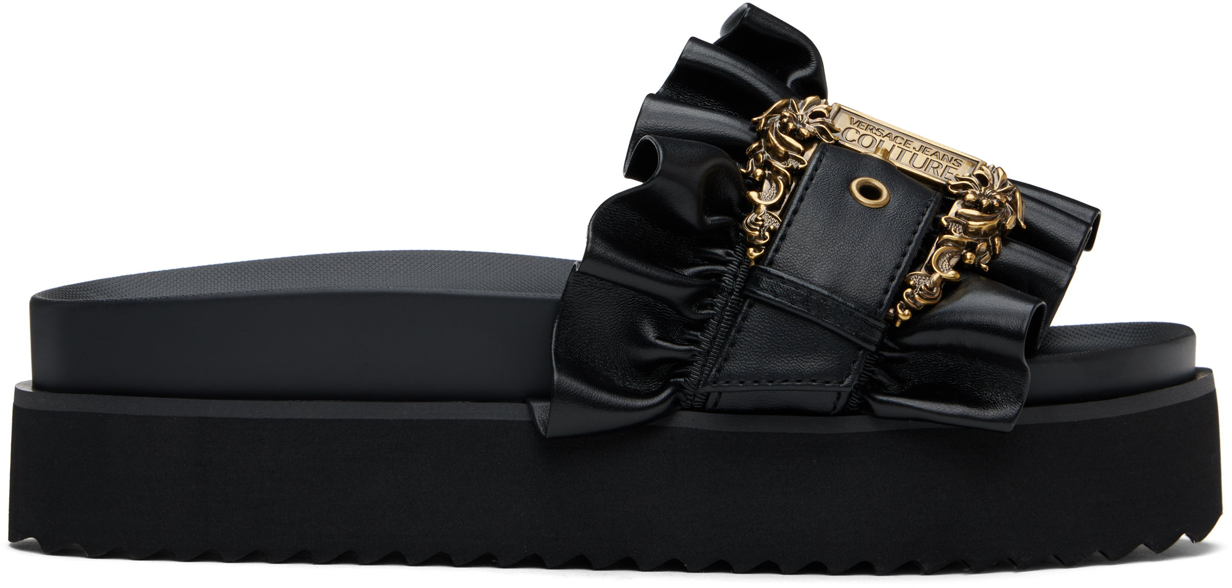 Shop Versace Jeans Couture Black Baroque Buckle Arizona Sandals In E899 Black