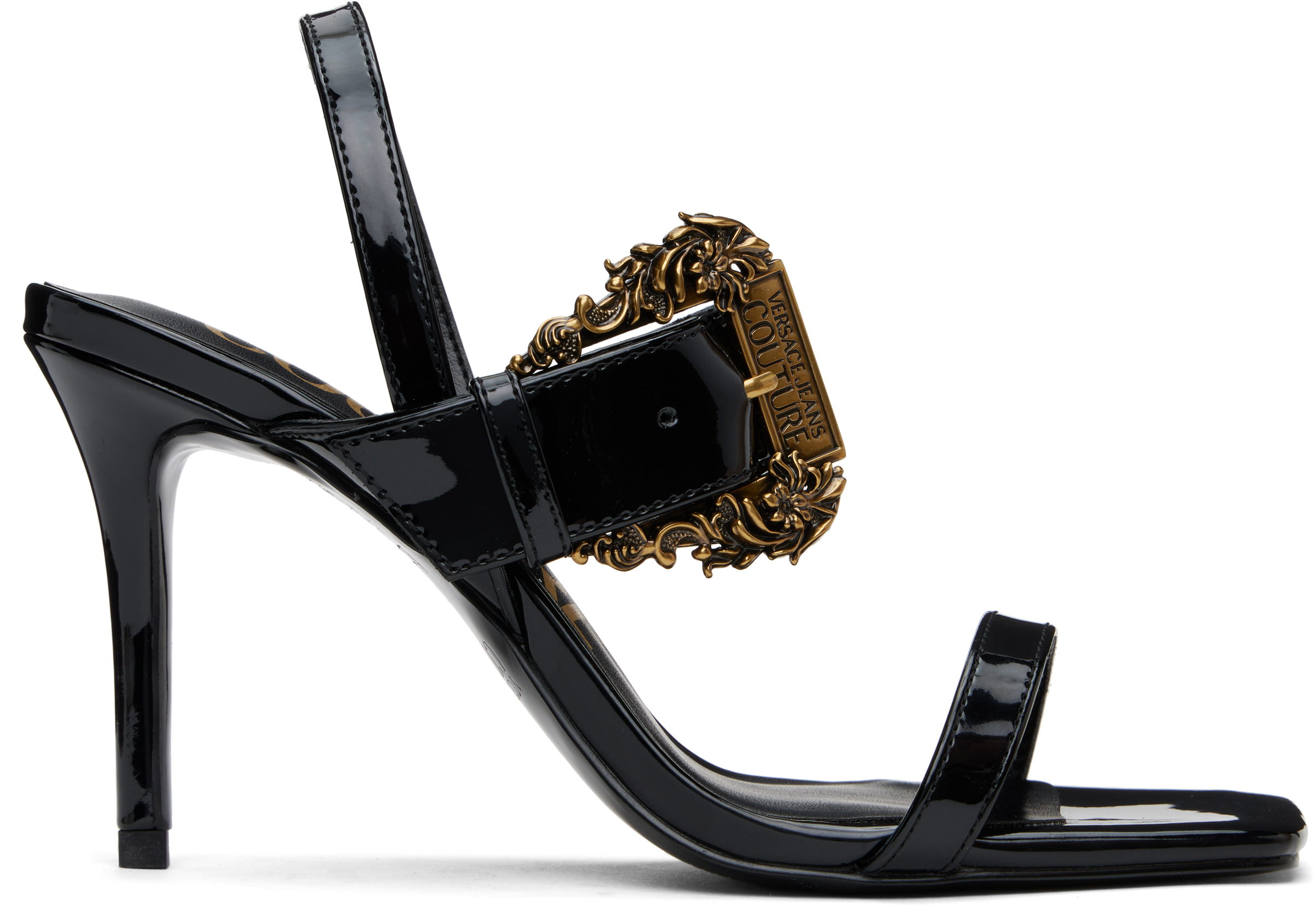 Shop Versace Jeans Couture Black Baroque Buckle Patent Emily Heeled Sandals In E899 Black