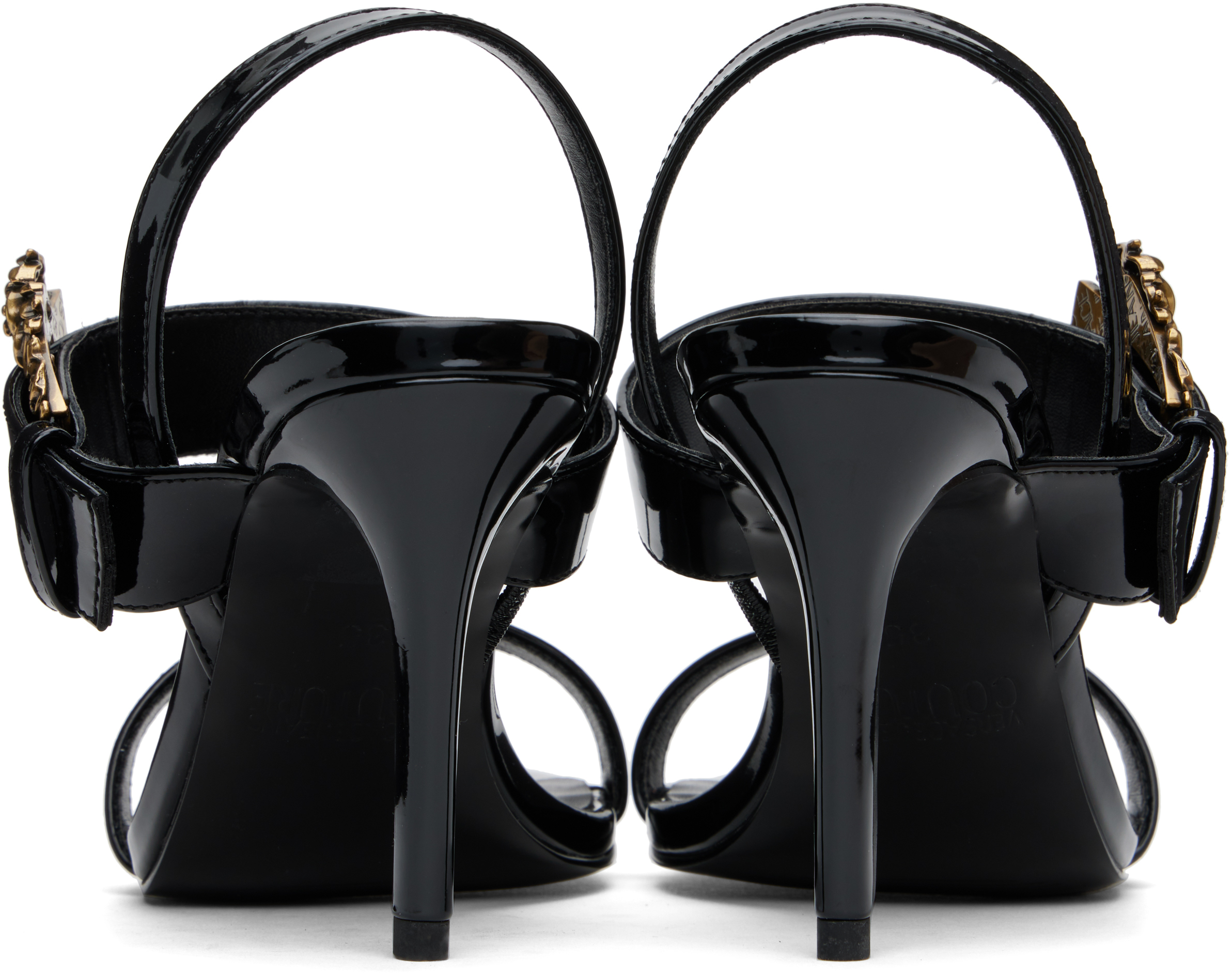 Shop Versace Jeans Couture Black Baroque Buckle Patent Emily Heeled Sandals In E899 Black