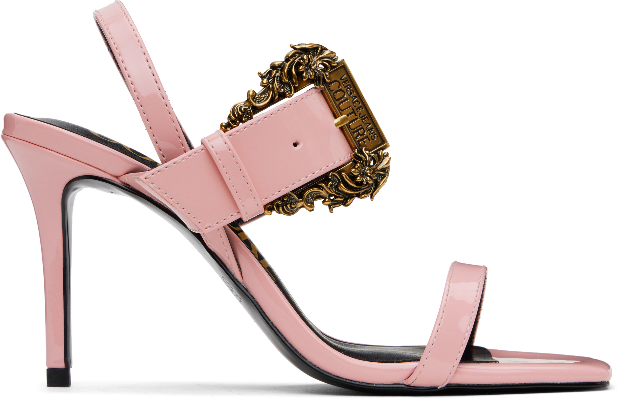 VERSACE JEANS COUTURE PINK BAROQUE BUCKLE PATENT EMILY HEELED SANDALS
