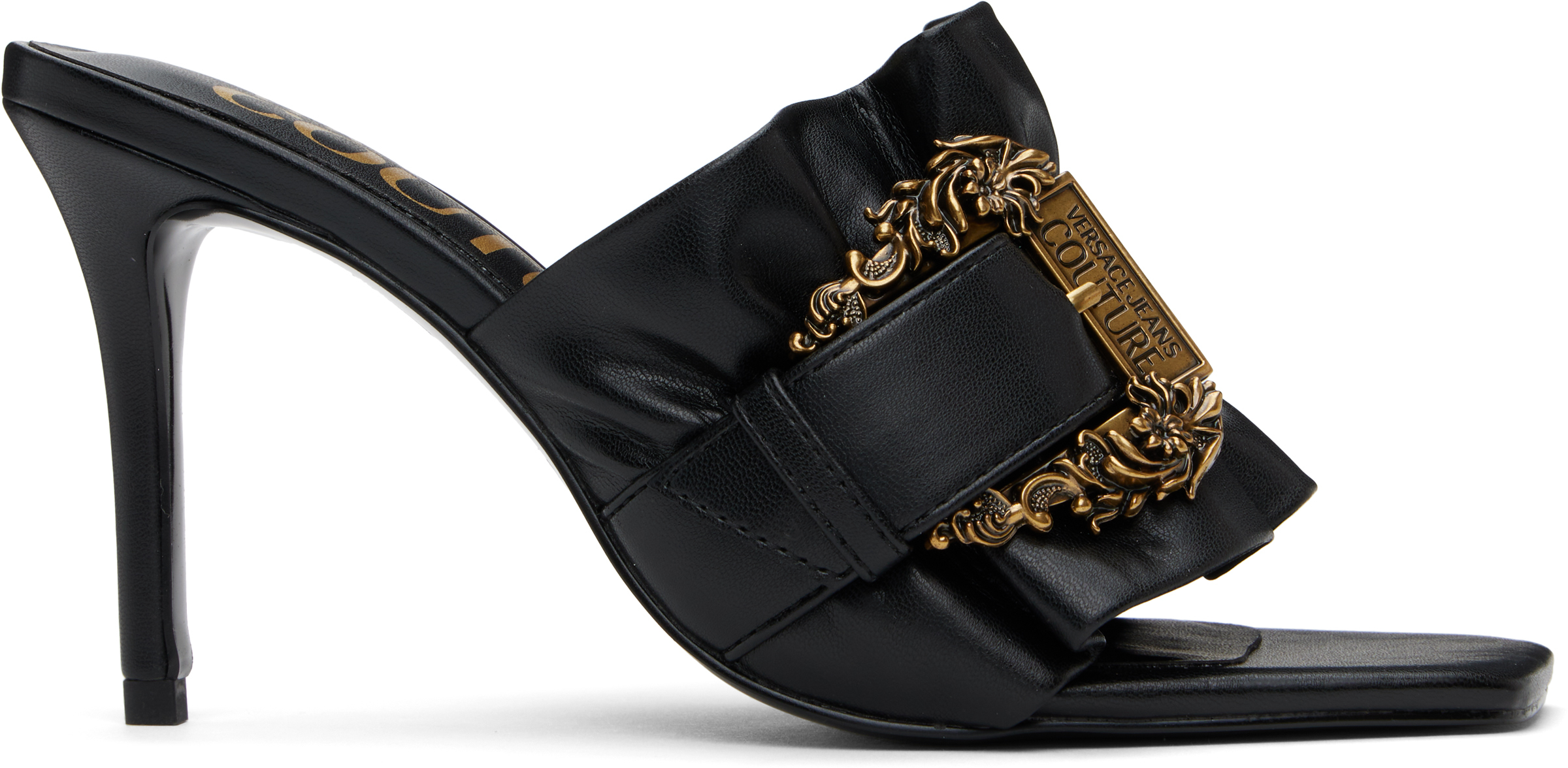 VERSACE JEANS COUTURE BLACK BAROQUE BUCKLE EMILY MULES