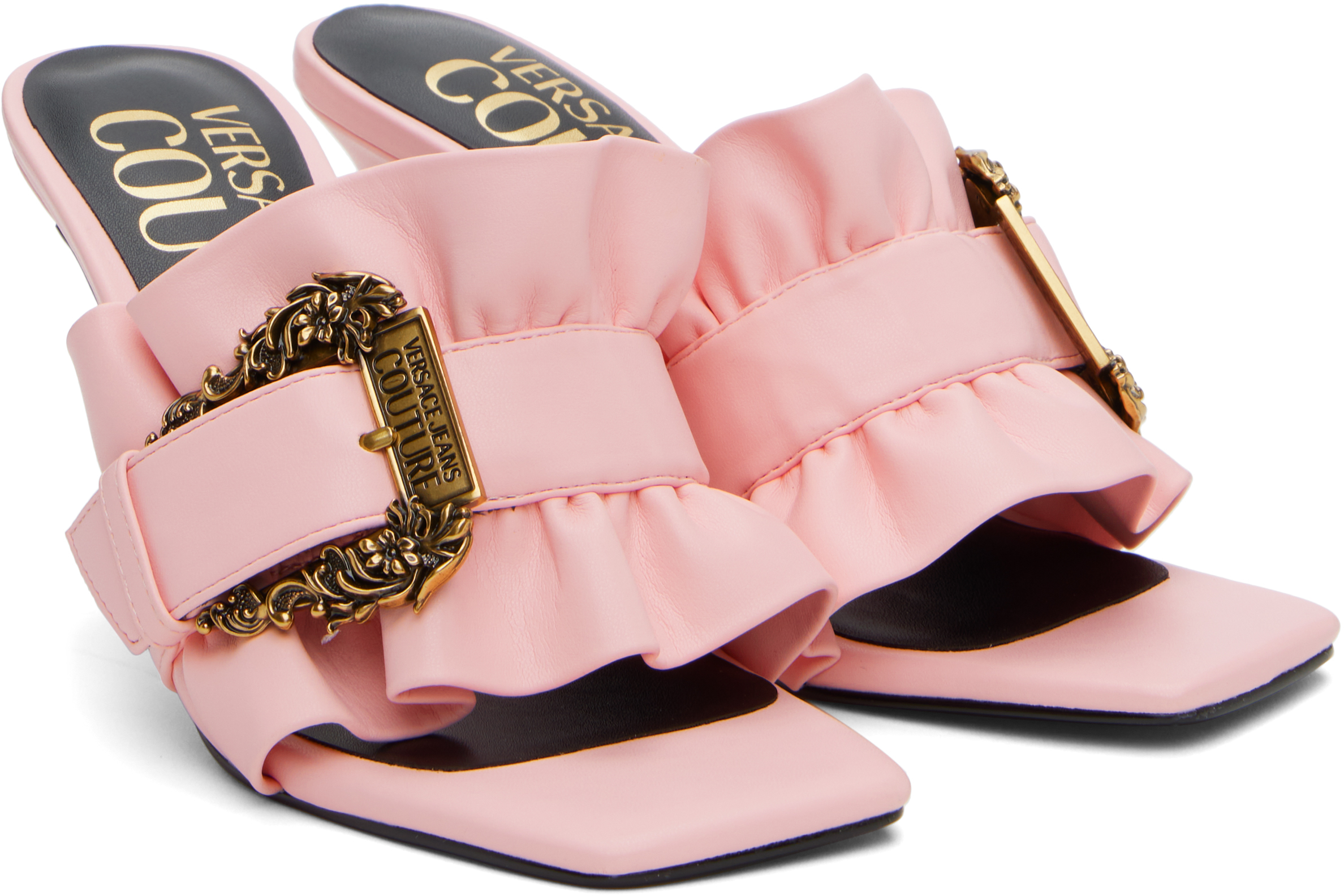 Versace Jeans Couture Pink Baroque Buckle Emily Mules In E489 Peony