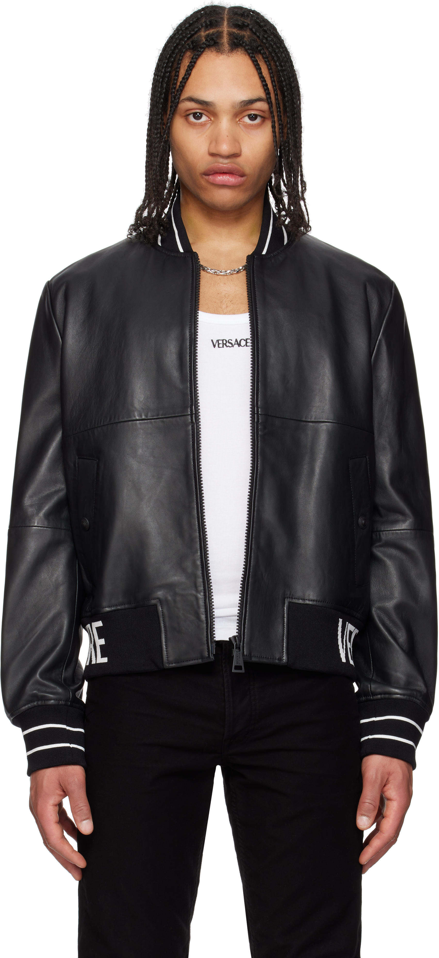 【関税&送料込み】Versace Black Lambskin Jacket Black Lambskin Leather Jacket by Versace Jeans Couture on Sale