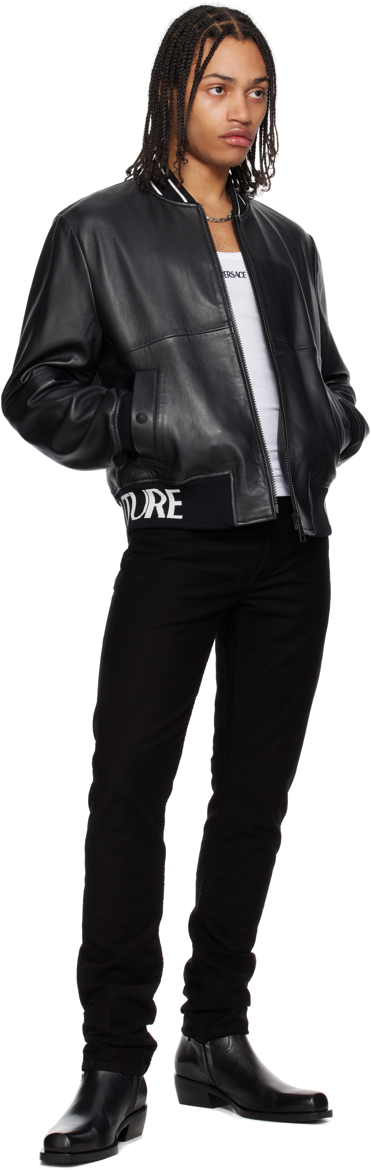 VERSACE JEANS COUTURE BLACK LAMBSKIN LEATHER JACKET 