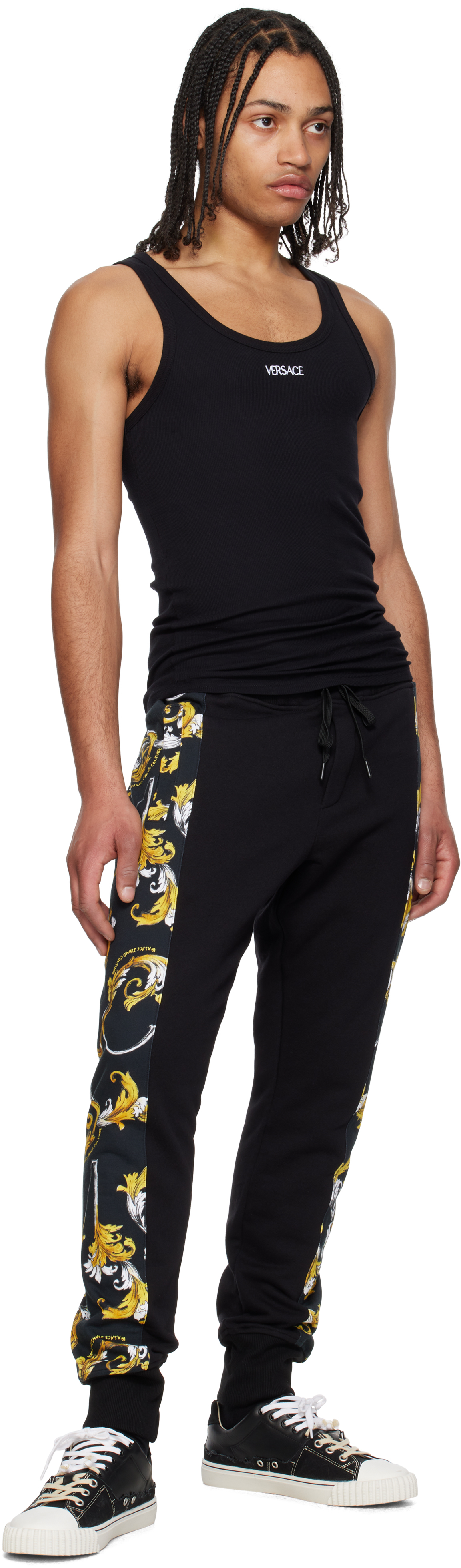 Versace Jeans Couture Black Graphic Trim Sweatpants In Eg89-black/gold
