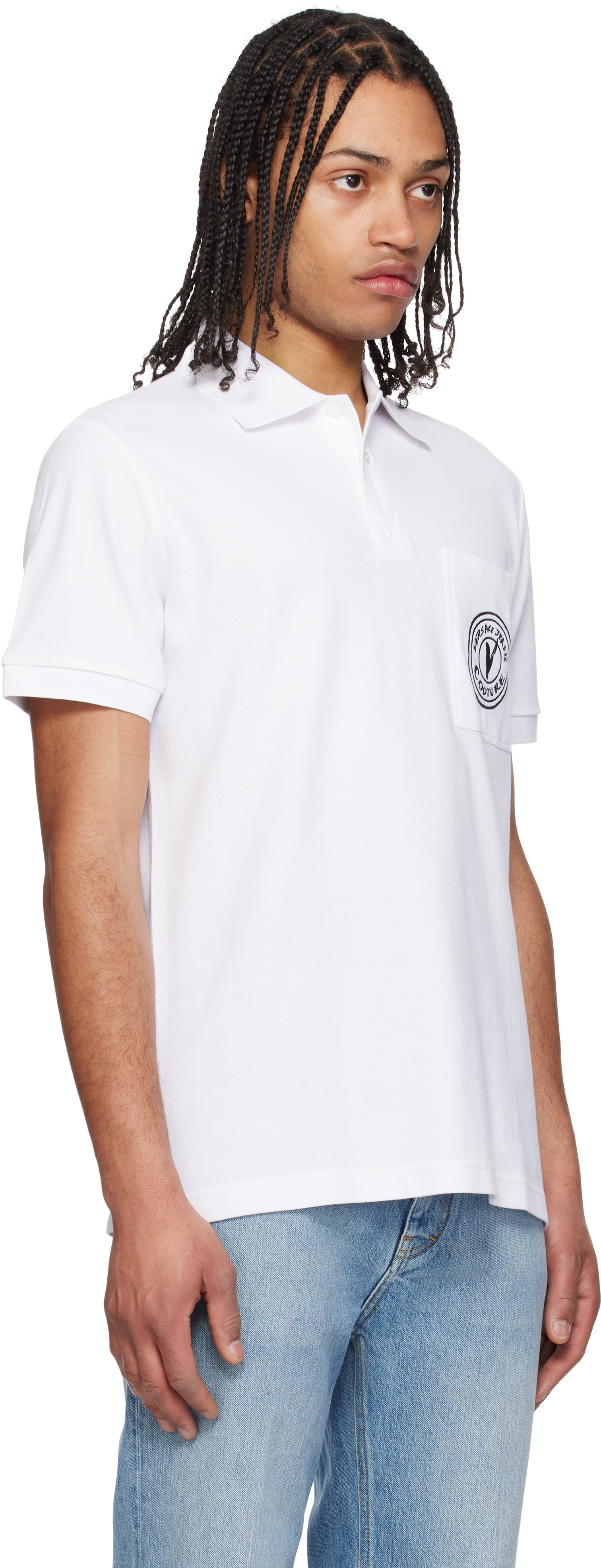 Shop Versace Jeans Couture White Embroidered Logo Polo In E003-white