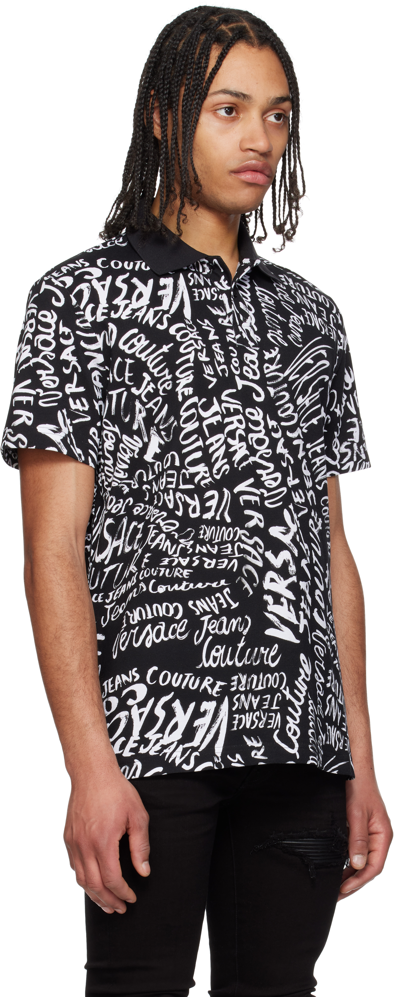 Shop Versace Jeans Couture Black Logo Pattern Polo In El01-899 Black+003 W
