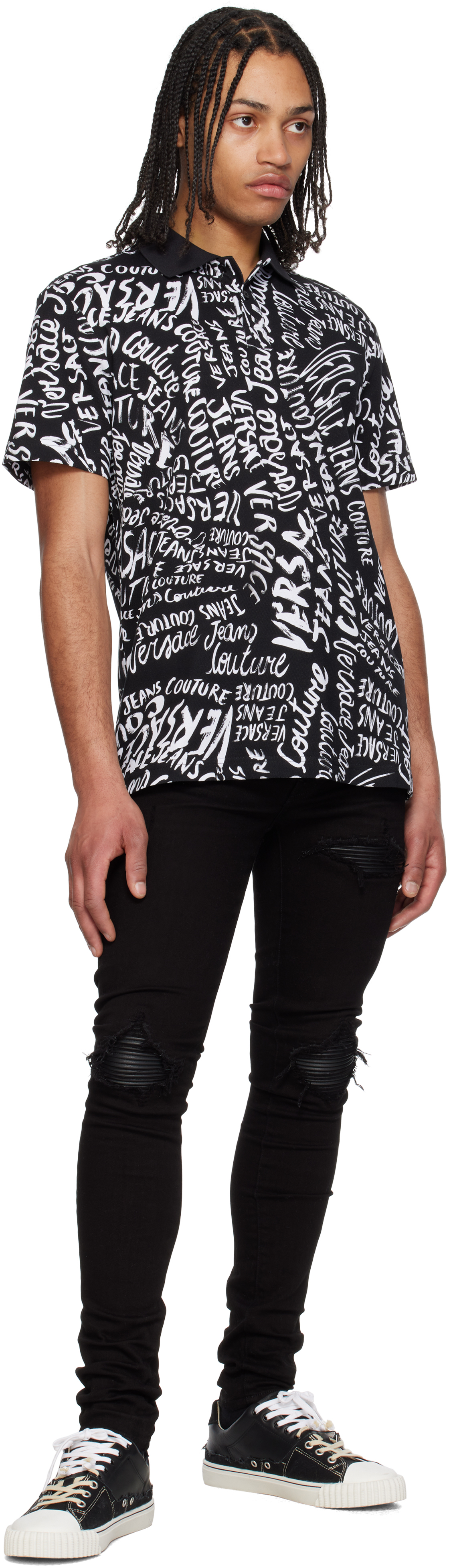 Shop Versace Jeans Couture Black Logo Pattern Polo In El01-899 Black+003 W