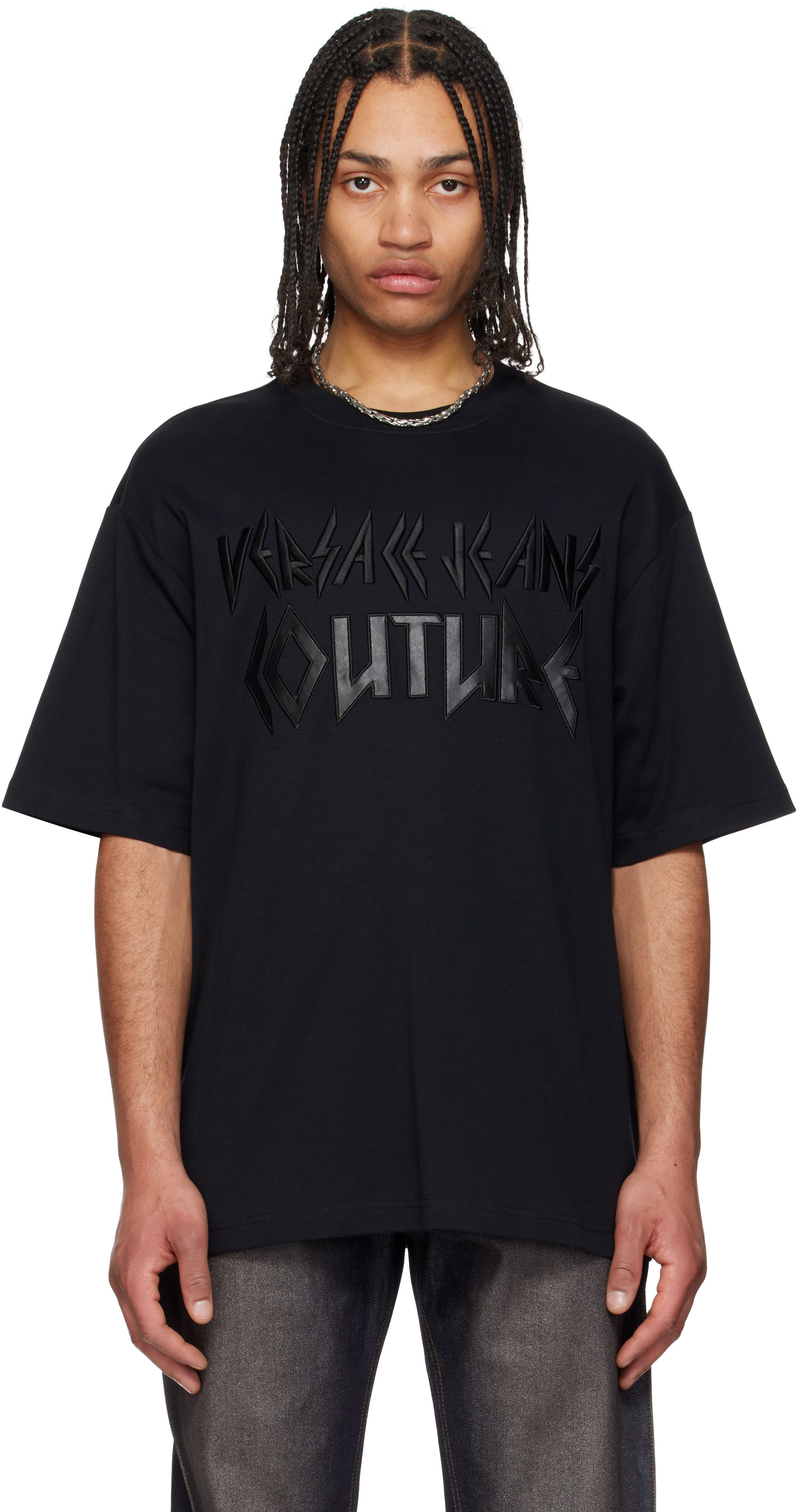 VERSACE JEANS COUTURE BLACK LOGO METAL PATCH T-SHIRT 