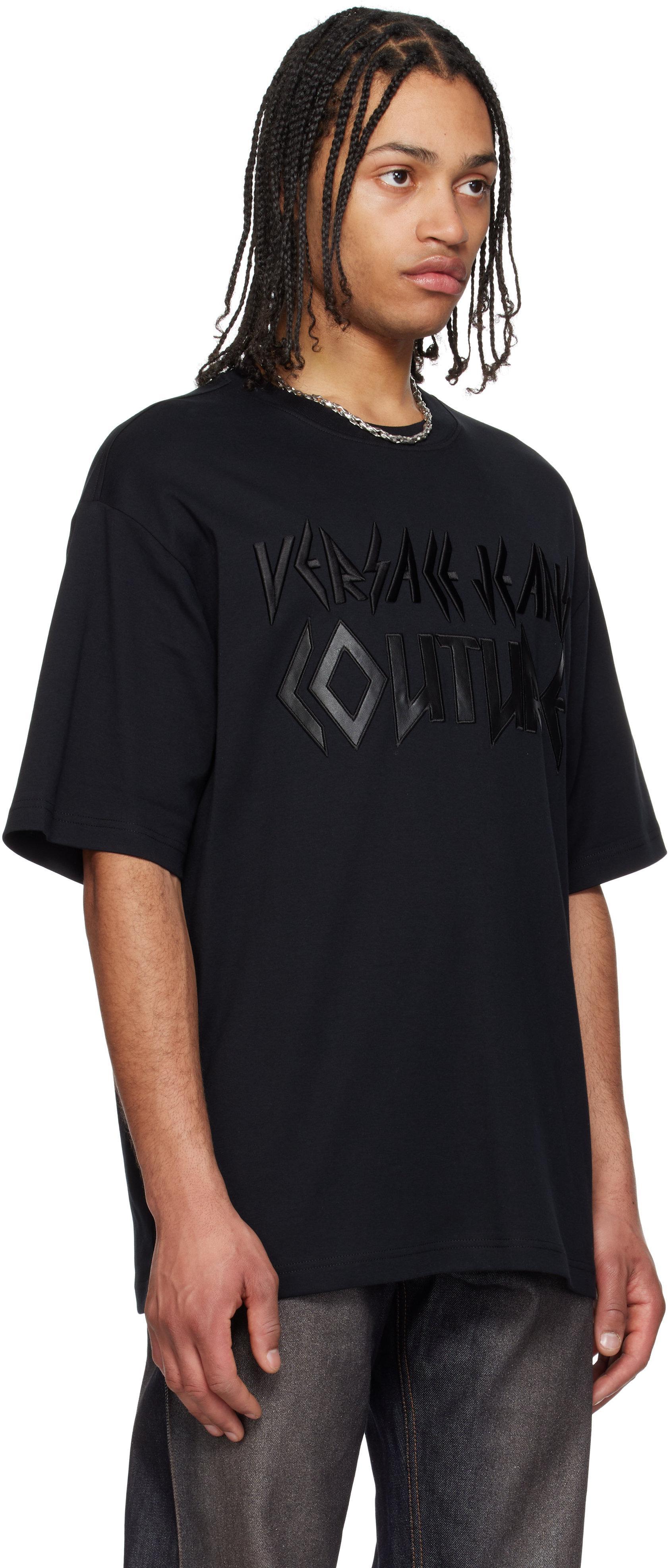 VERSACE JEANS COUTURE BLACK LOGO METAL PATCH T-SHIRT 