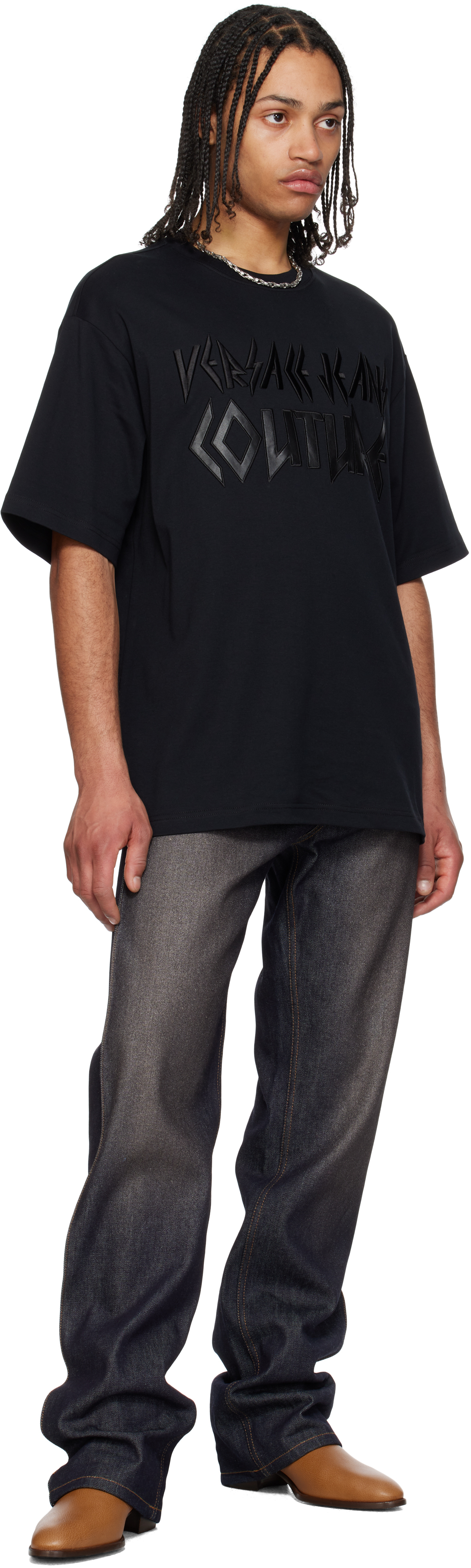 VERSACE JEANS COUTURE BLACK LOGO METAL PATCH T-SHIRT 