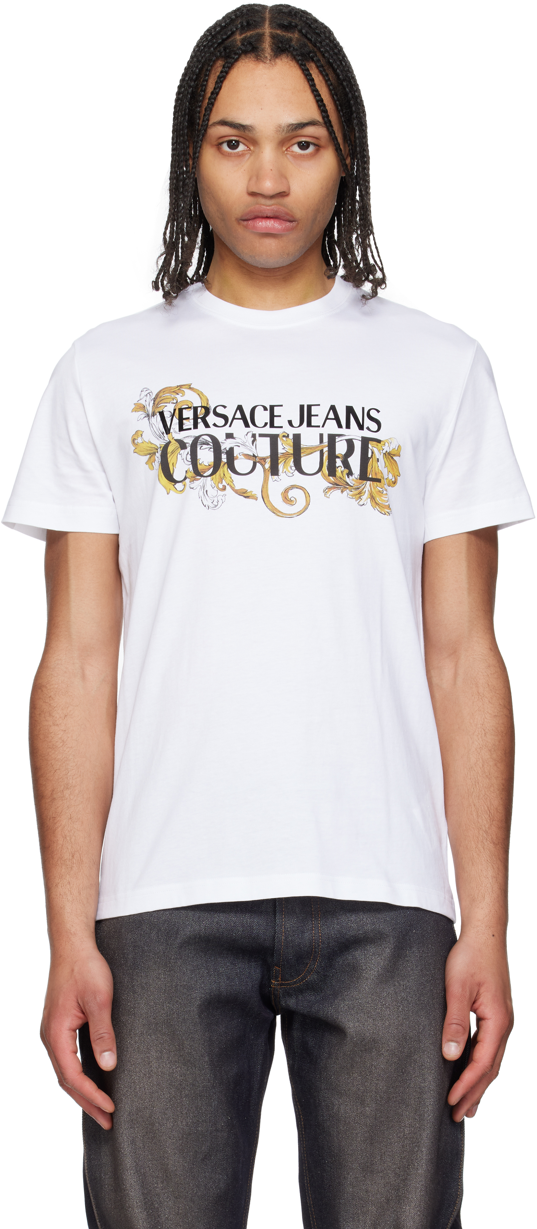 White Logo Baroque T-shirt by Versace Jeans Couture on Sale