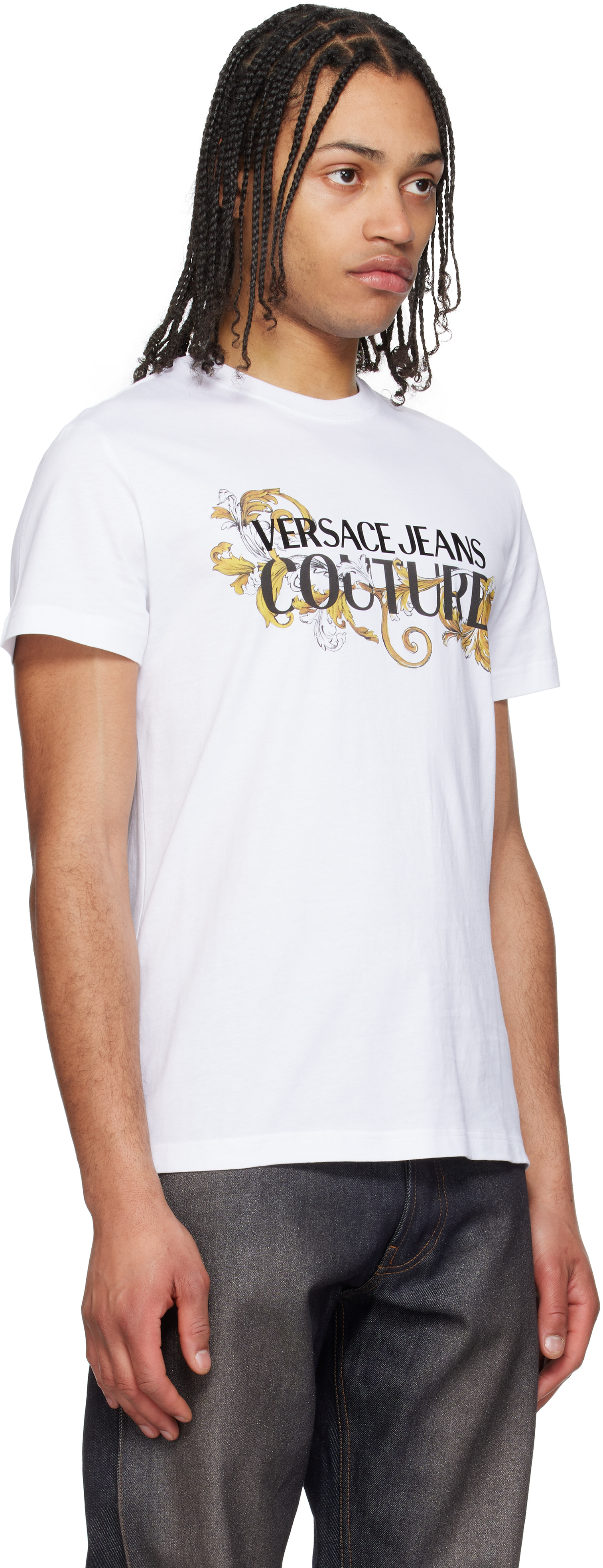 Shop Versace Jeans Couture White Logo Baroque T-shirt In Eg03-white/gold