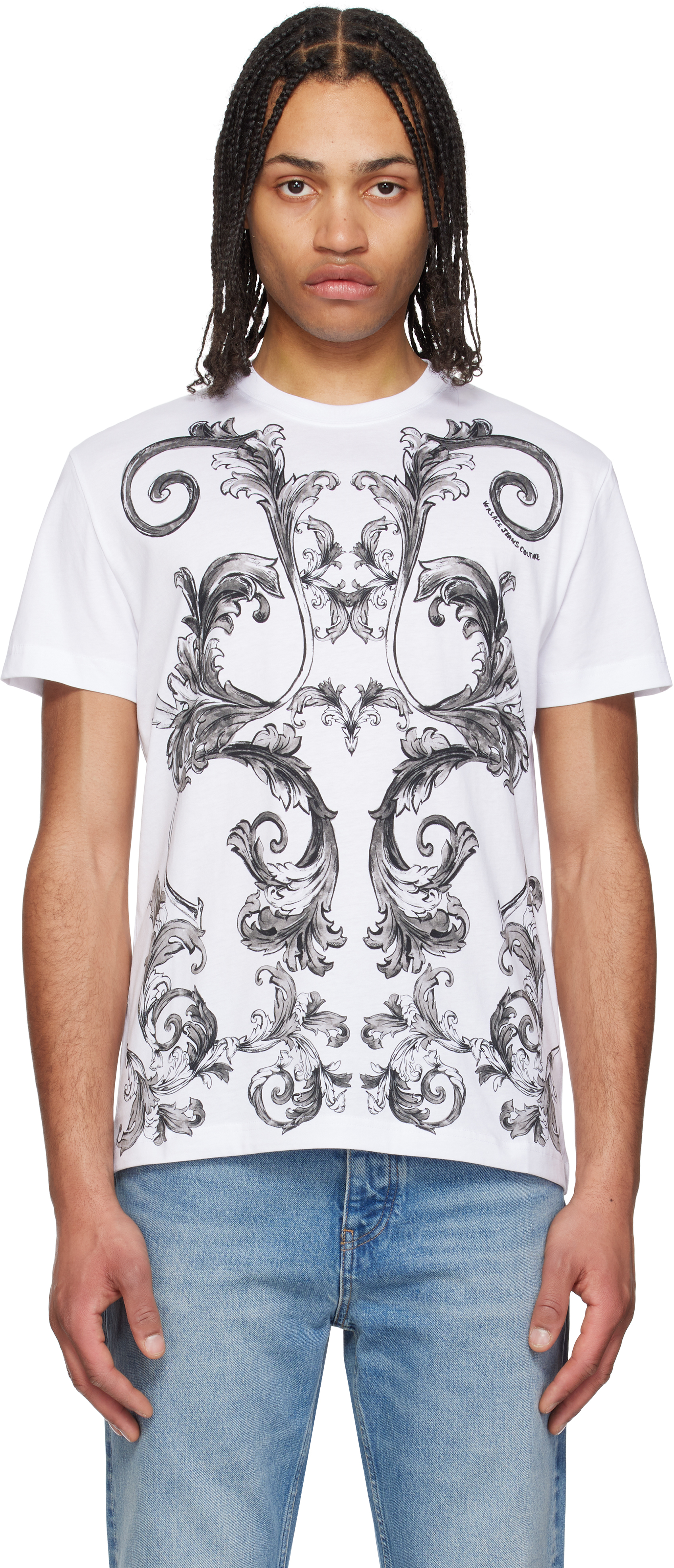 Versace Jeans Couture: White Outline Barocco T-shirt | SSENSE 