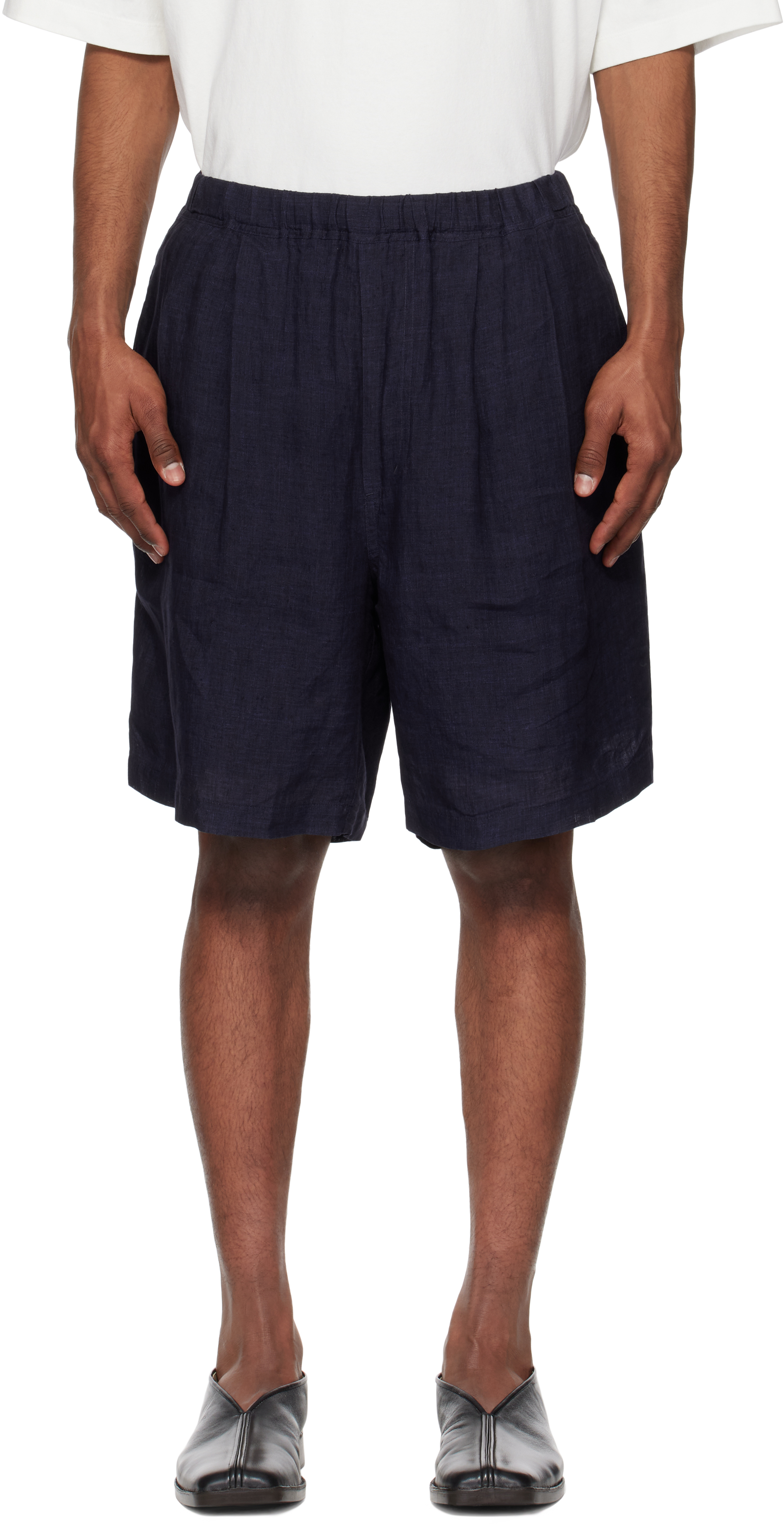 Ylève Navy Linen Poplin Shorts