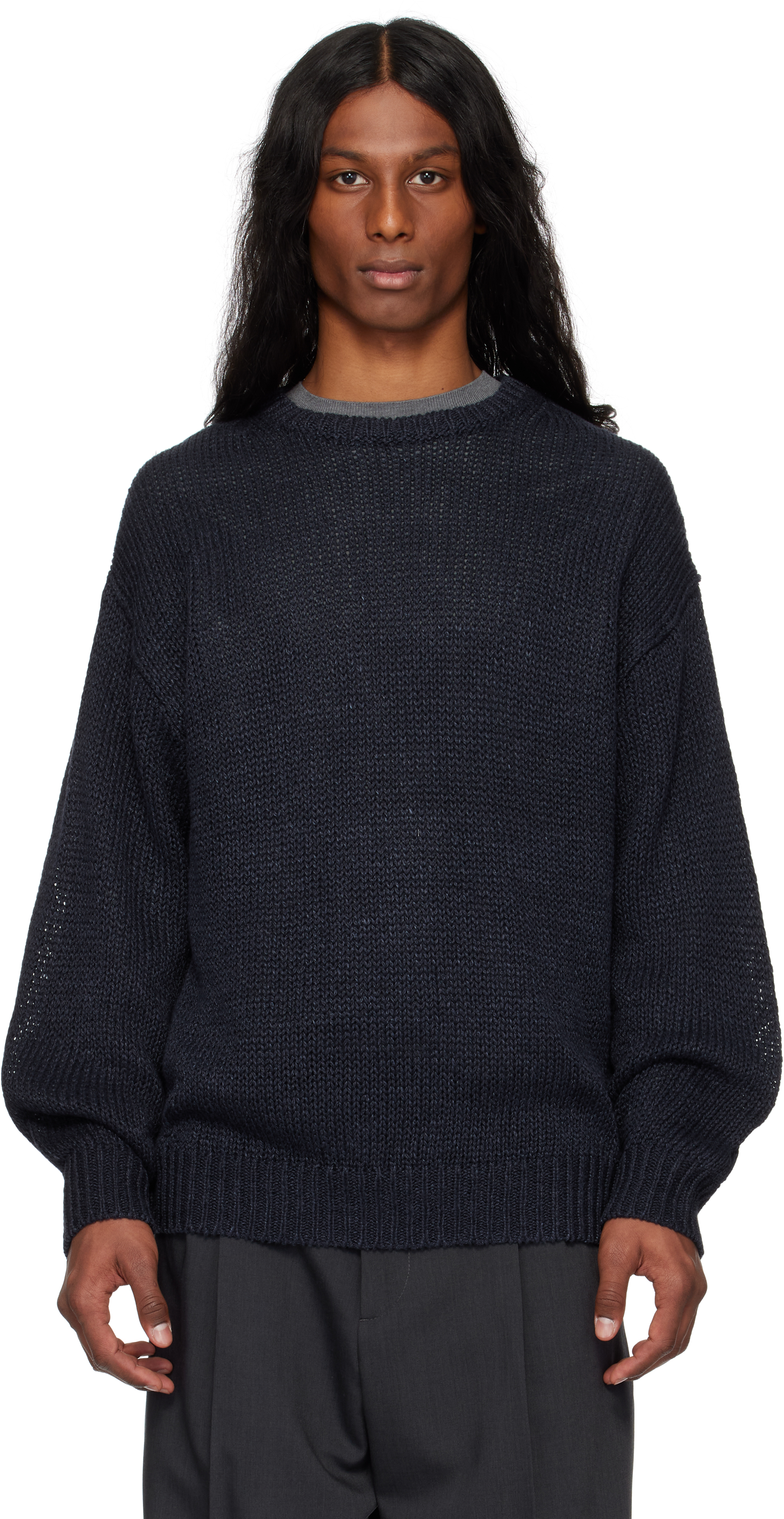 Ylève Navy European Linen Silk Basque Knit Sweater In 120 Navy