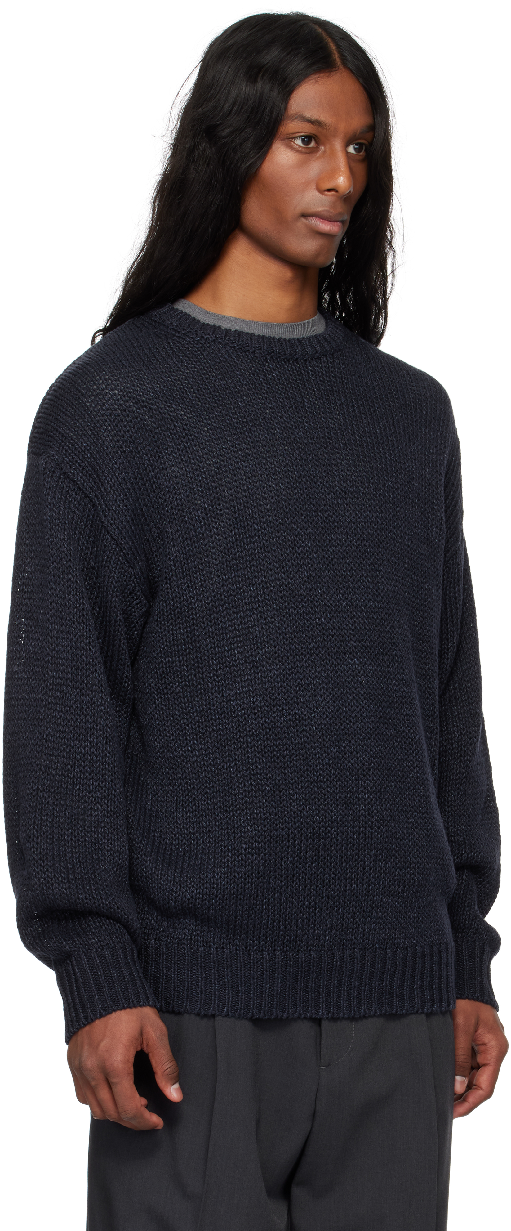 Ylève Navy European Linen Silk Basque Knit Sweater In 120 Navy