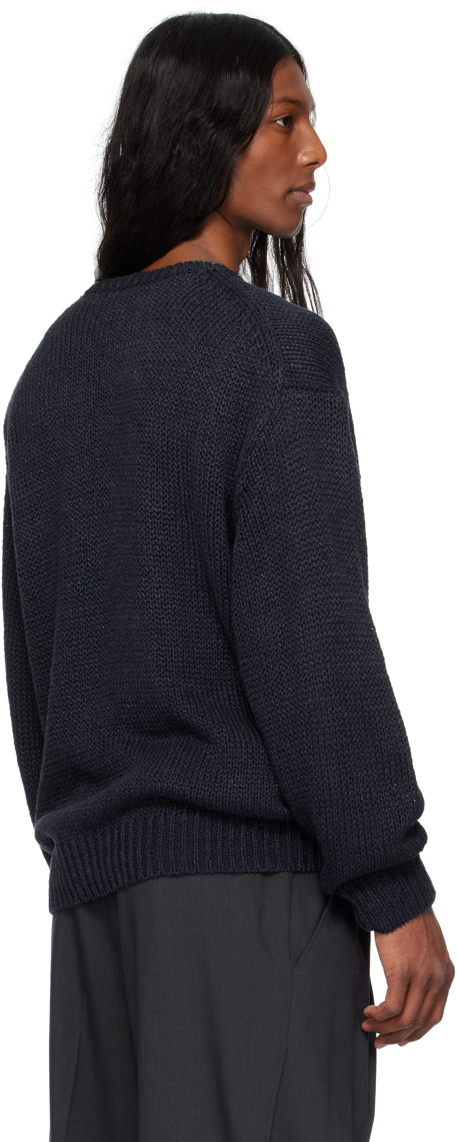Ylève Navy European Linen Silk Basque Knit Sweater In 120 Navy