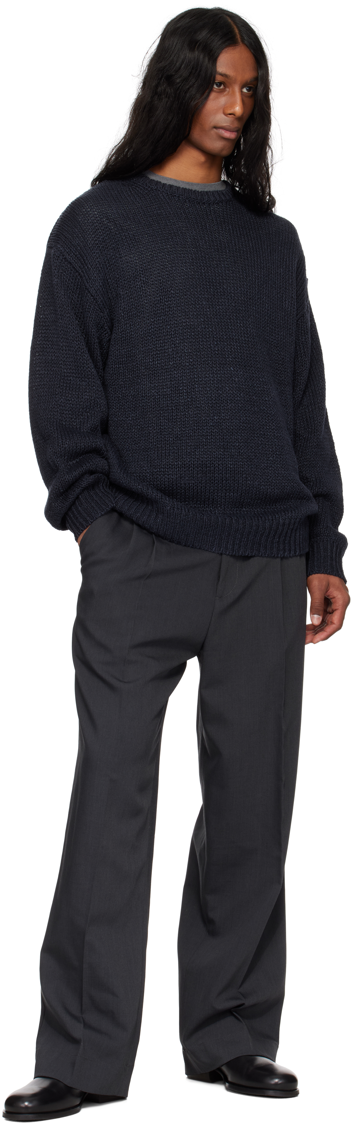 Ylève Navy European Linen Silk Basque Knit Sweater In 120 Navy