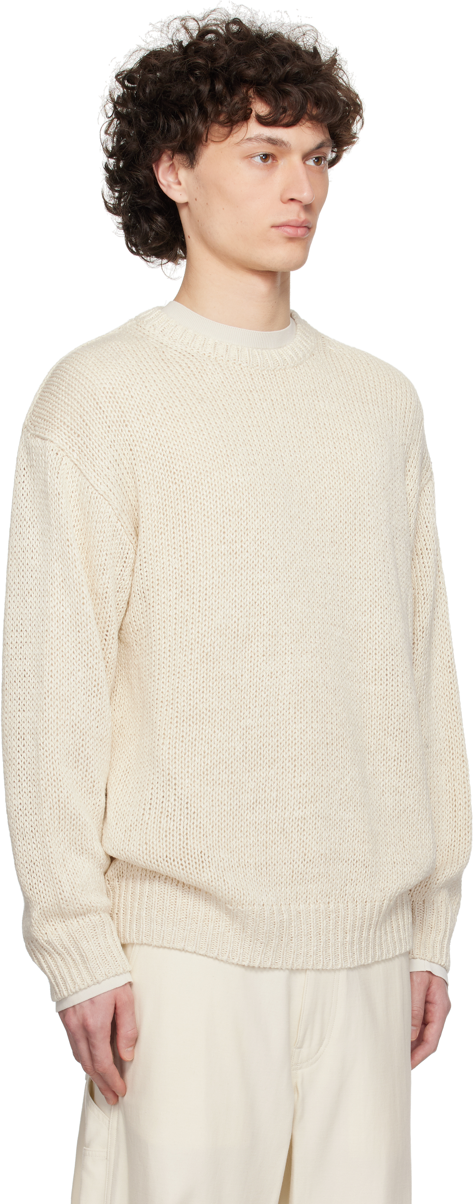 Ylève Off-white European Linen Silk Basque Knit Sweater In 030 Ivory