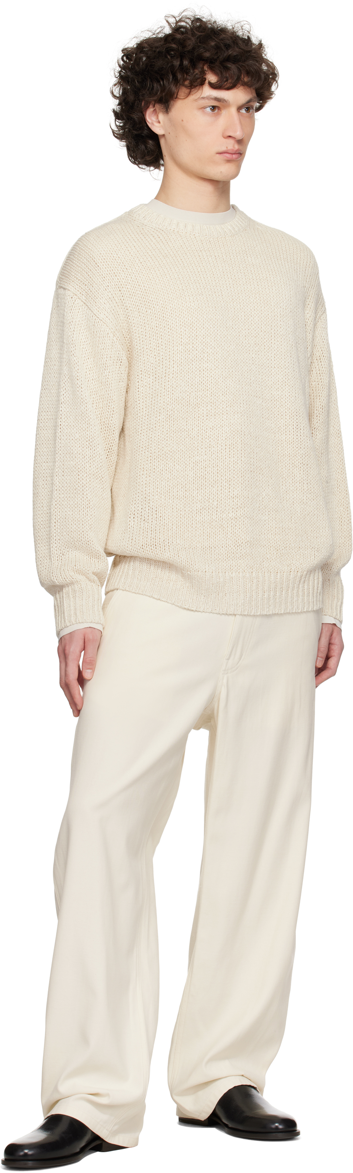 Ylève Off-white European Linen Silk Basque Knit Sweater In 030 Ivory